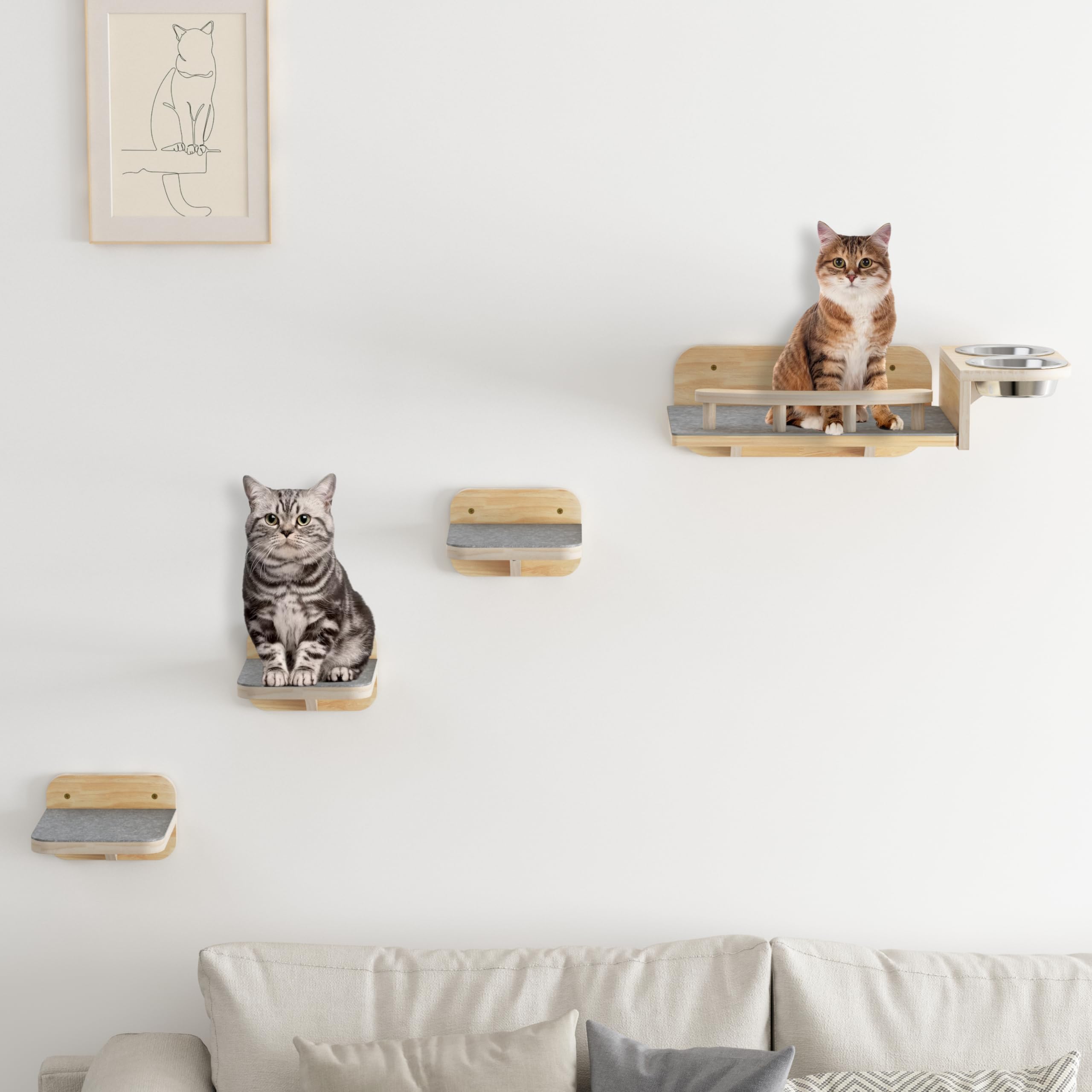 Megidok cat wall shelves side view highlights sturdy wood design for safe feline perches.