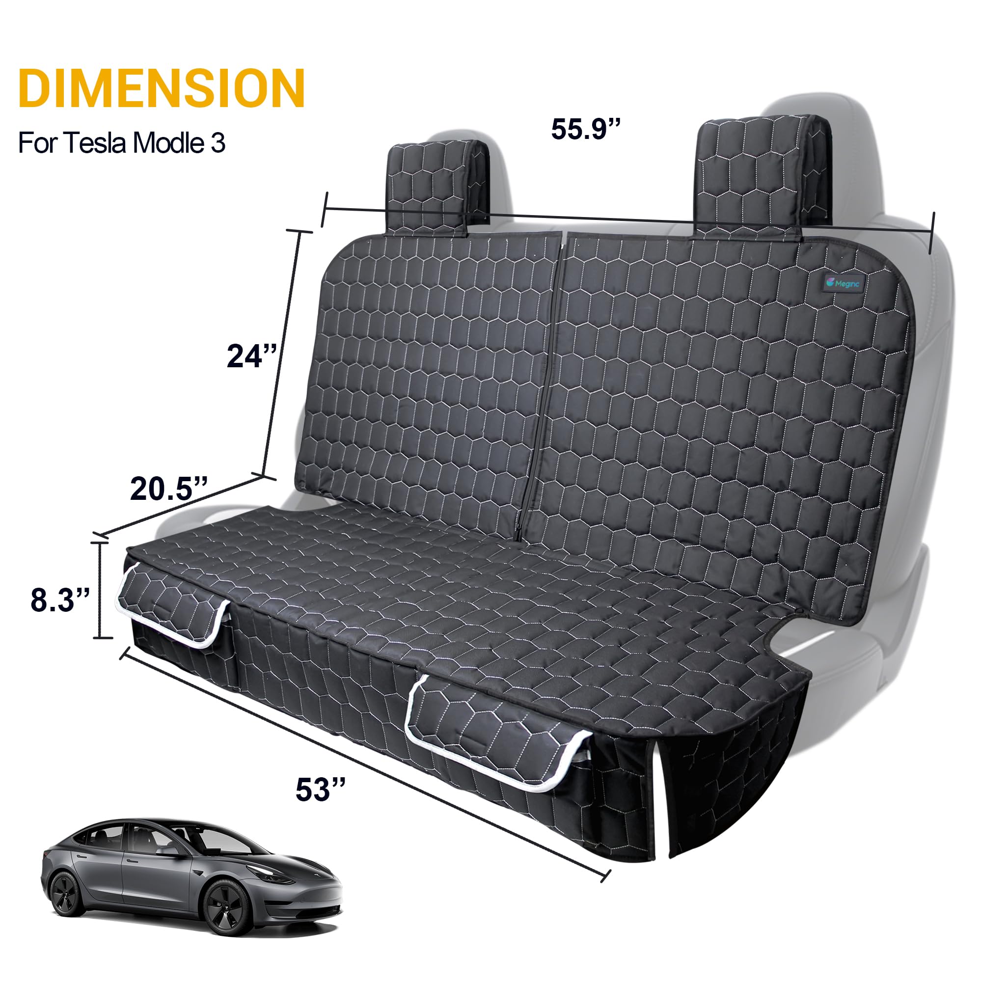Meginc quick-install design demonstrates fast setup on Model 3 rear seat.