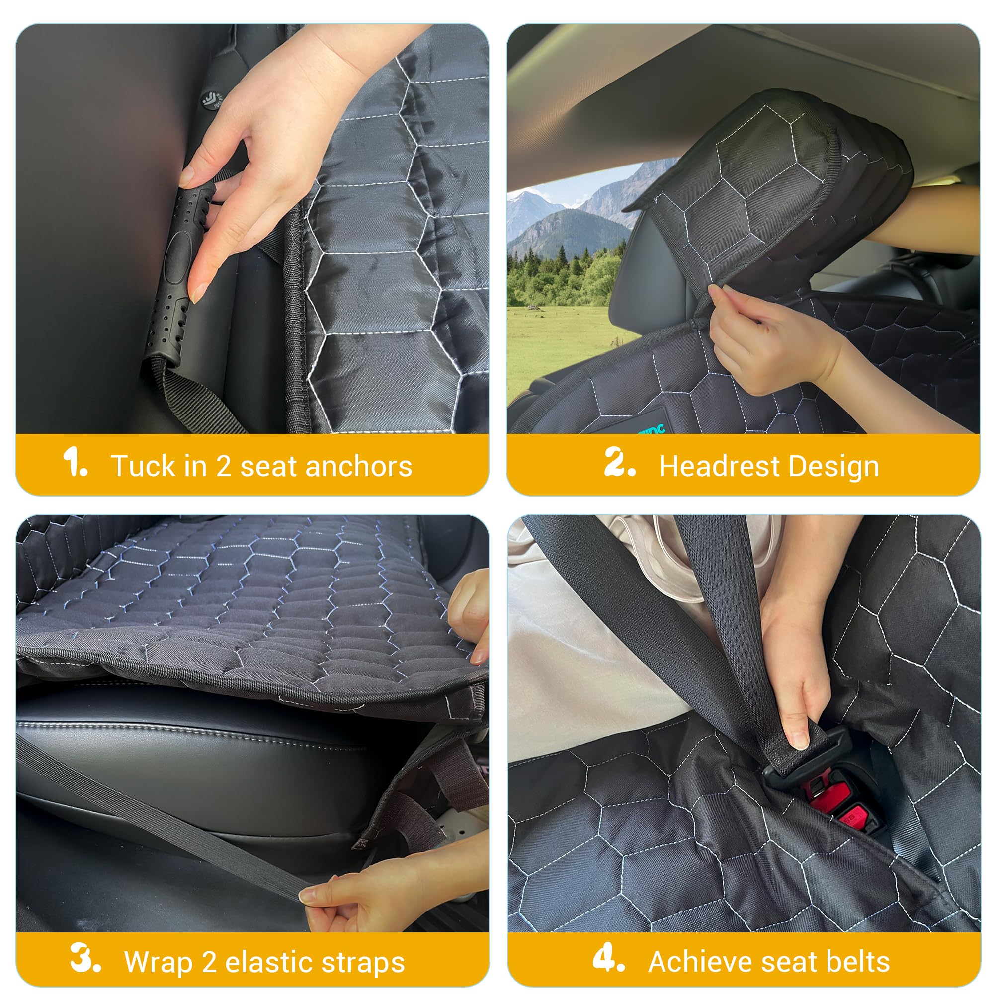 Meginc model 3 seat cover with seatbelt openings for easy buckling.