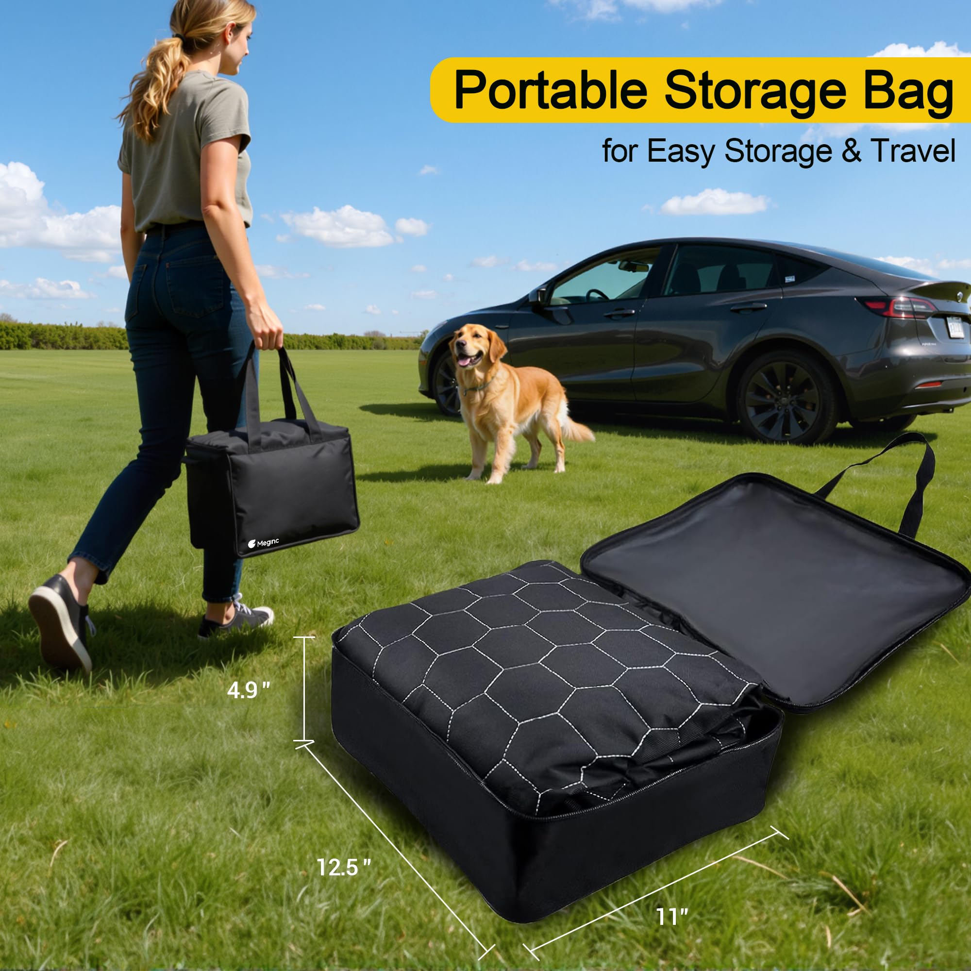 Meginc dog seat cover Model Y application in car enables quick setup for trips.