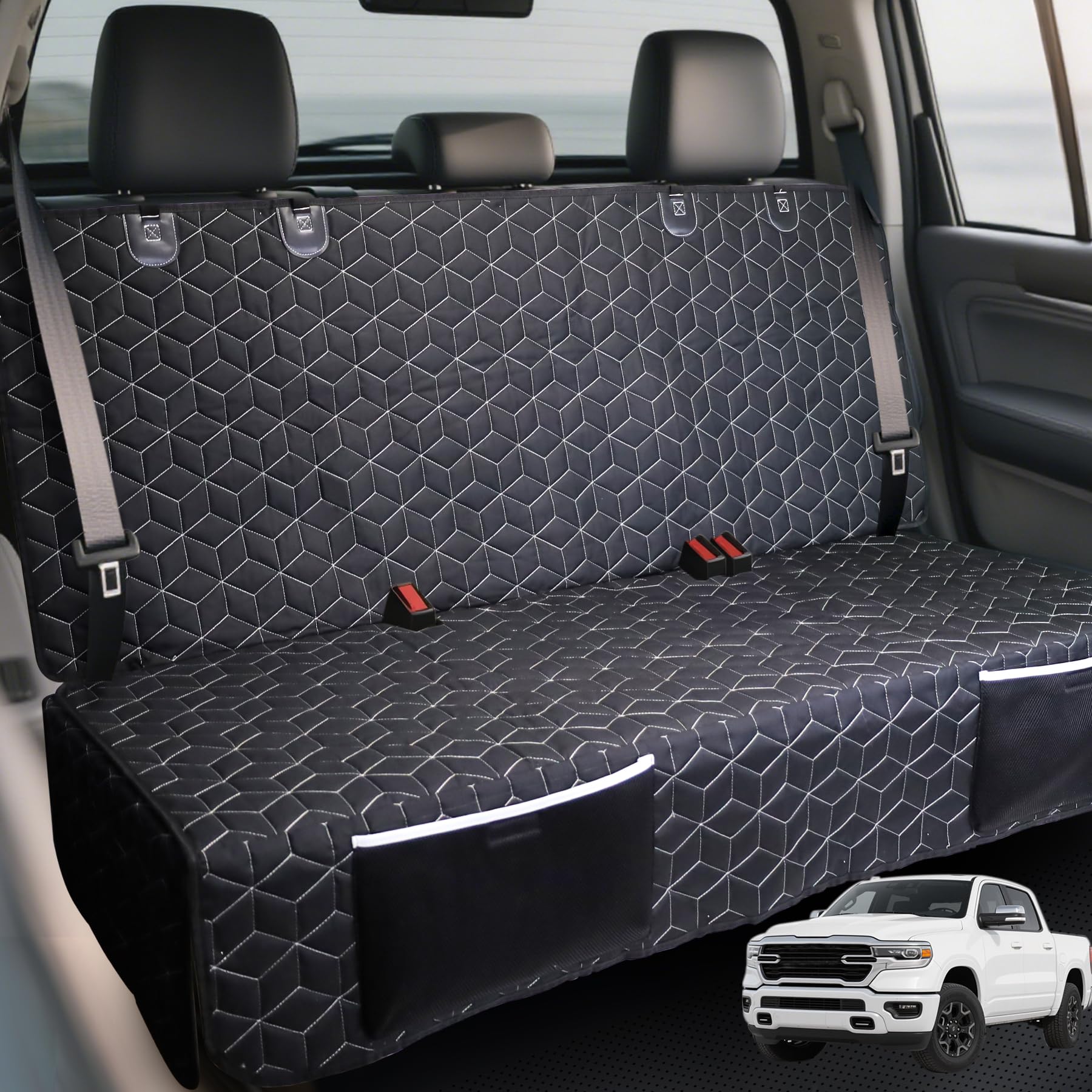 Meginc dog seat cover on truck backseat protects from spills and scratches.