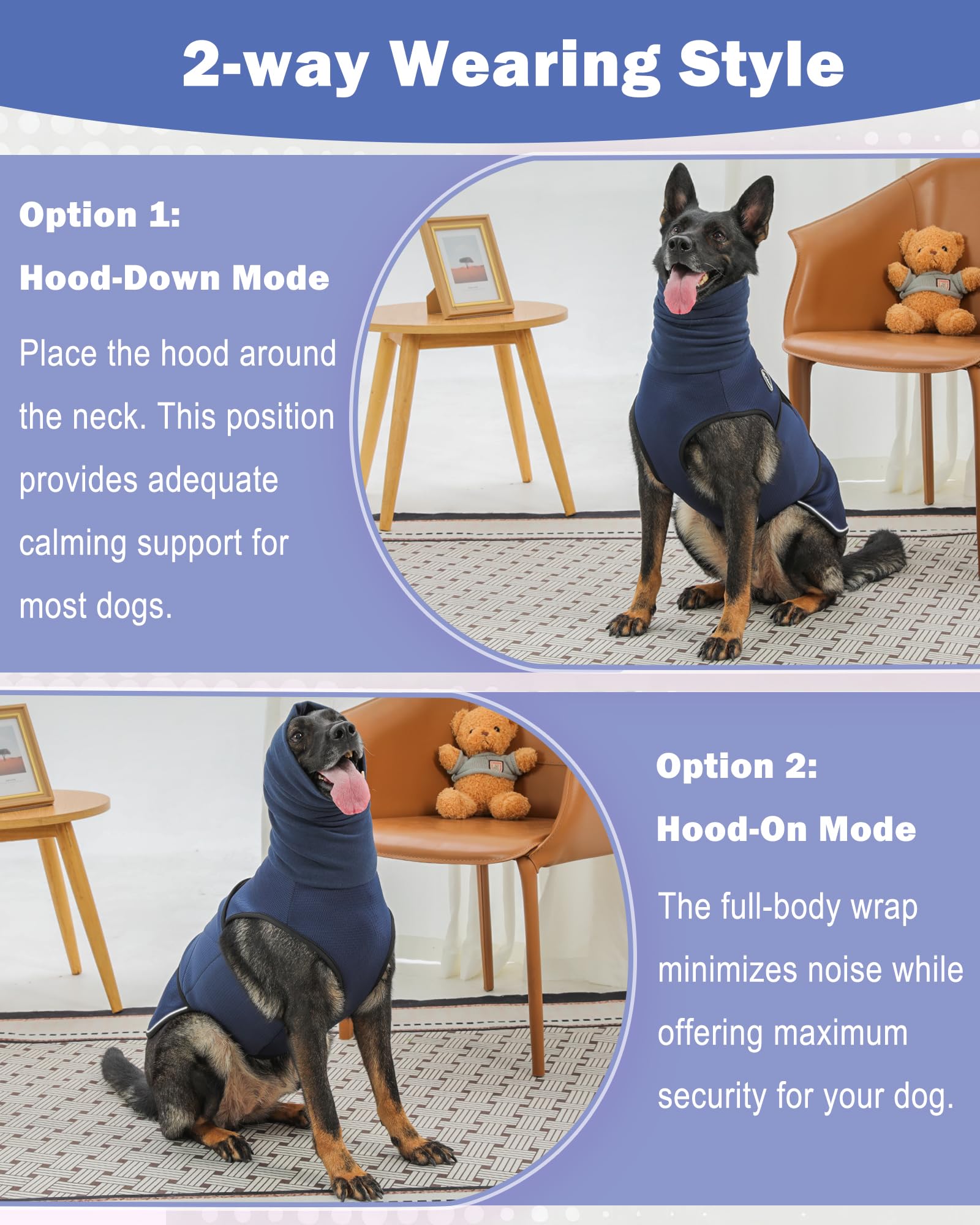 Meifsou dog vest with ear-muff headband providing secure protection from loud sounds.