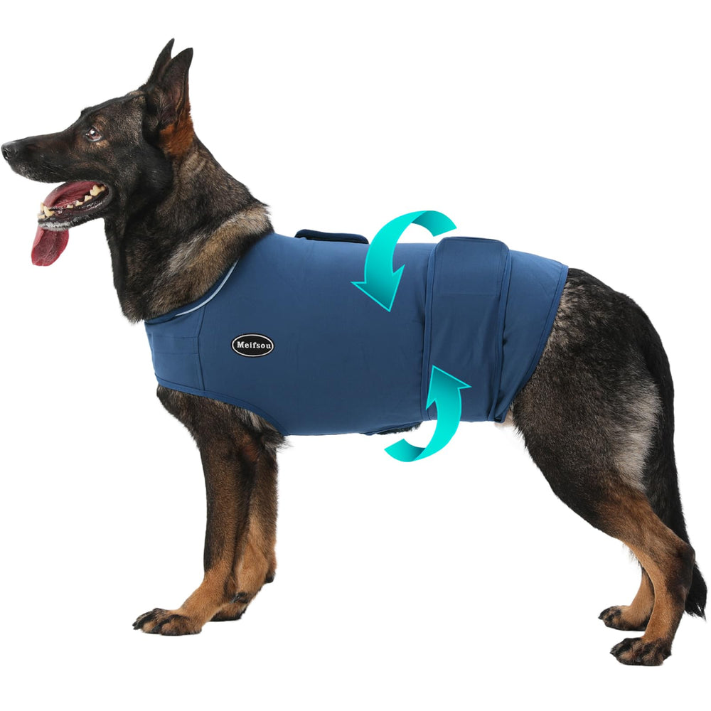 Meifsou dog anxiety vest front view shows secure wrap for calming support.