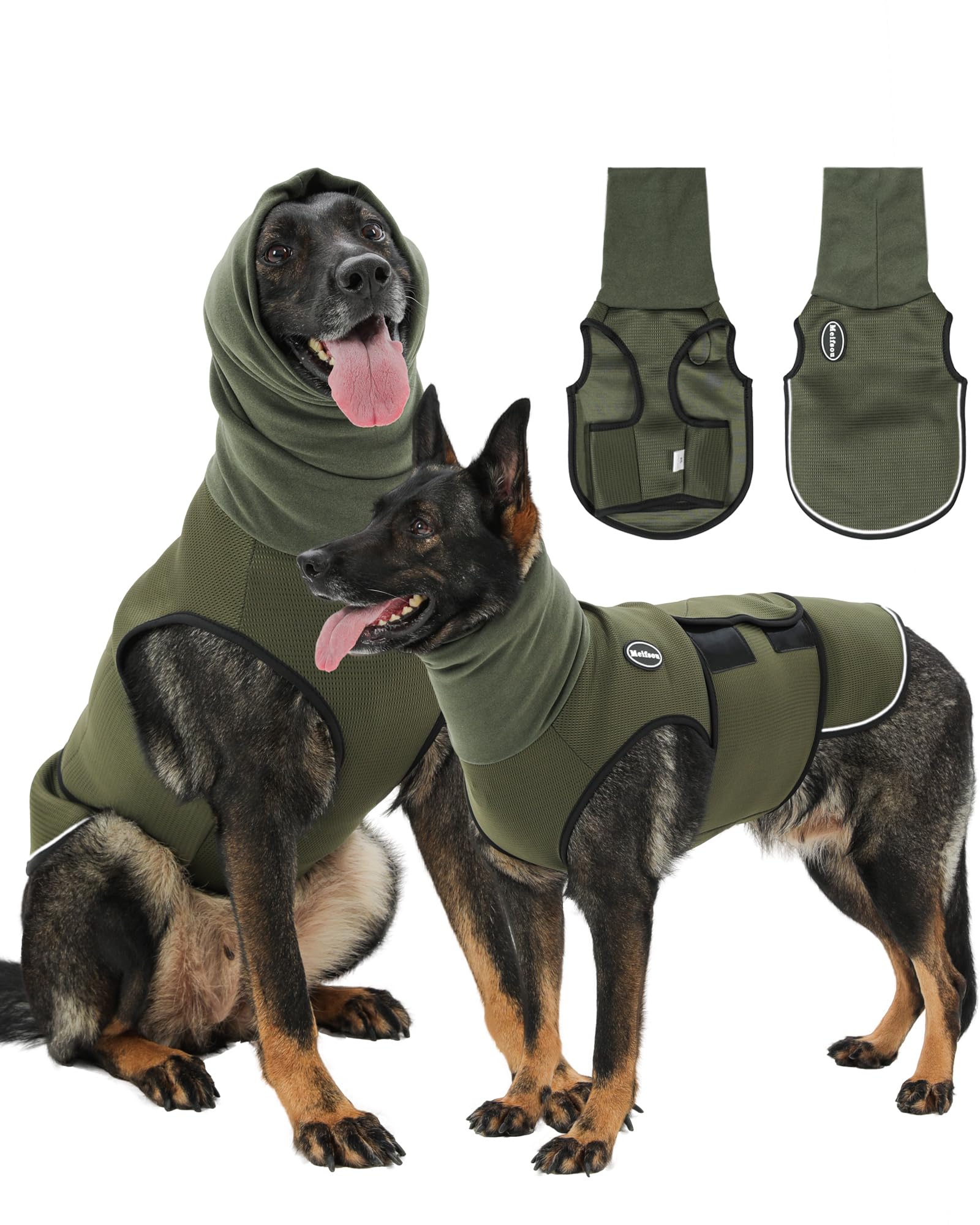 Meifsou dog anxiety vest with hood front view showing snug calming fit.