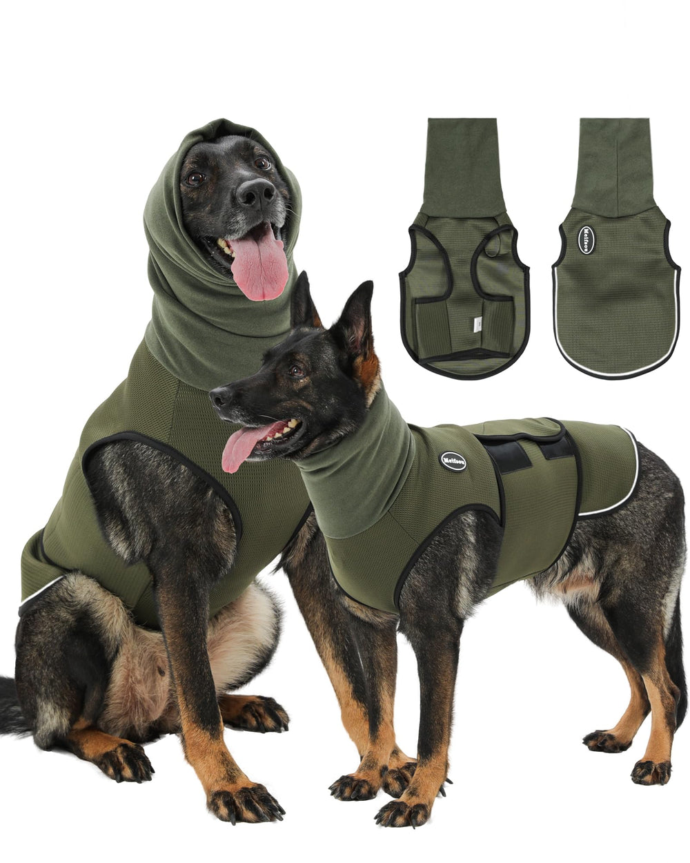 Meifsou dog anxiety vest with hood front view showing snug calming fit.