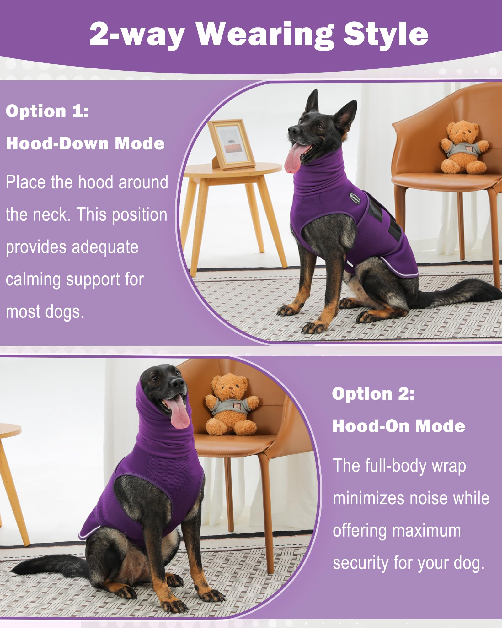 Meifsou dog anxiety vest hood headband closeup shows soft, comfortable head coverage.