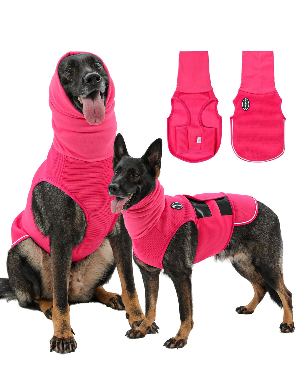 Meifsou dog anxiety vest hood rose front view helps calm dogs during storms.