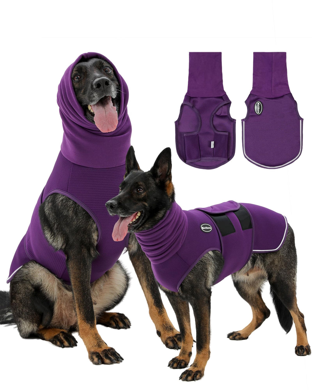 Meifsou dog anxiety vest hooded closeup demonstrates calming coverage for anxious dogs.