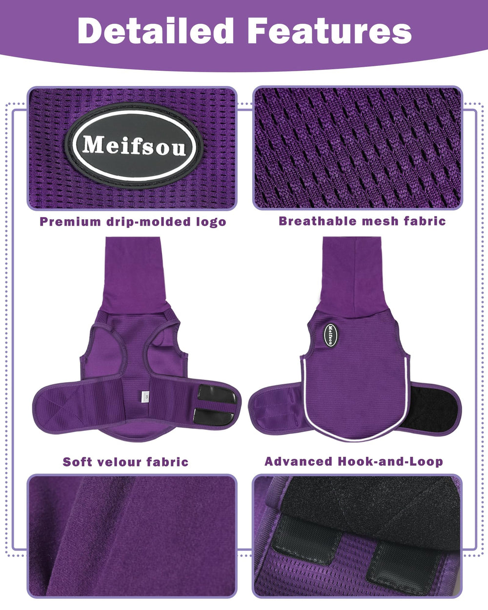 Meifsou dog anxiety vest on dog purple highlights full-coverage calming wear for storms.