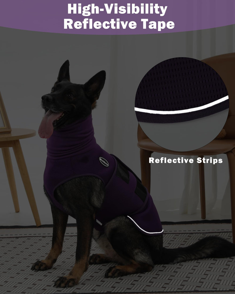 Meifsou dog anxiety vest size M on dog illustrates easy sizing for dogs.