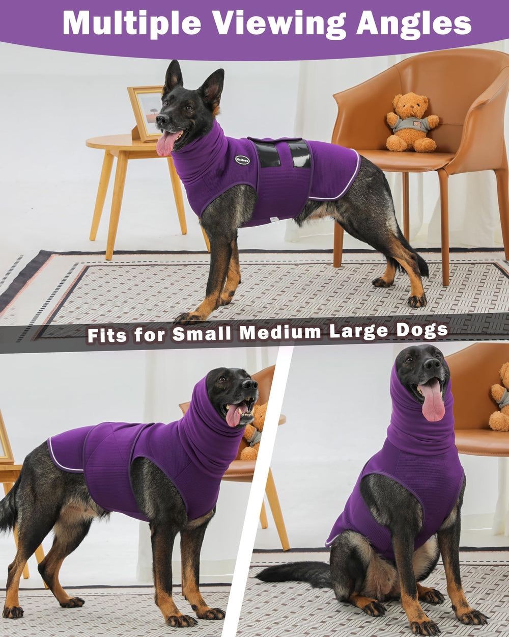 Meifsou dog anxiety vest wearing in living room shows everyday calm potential.