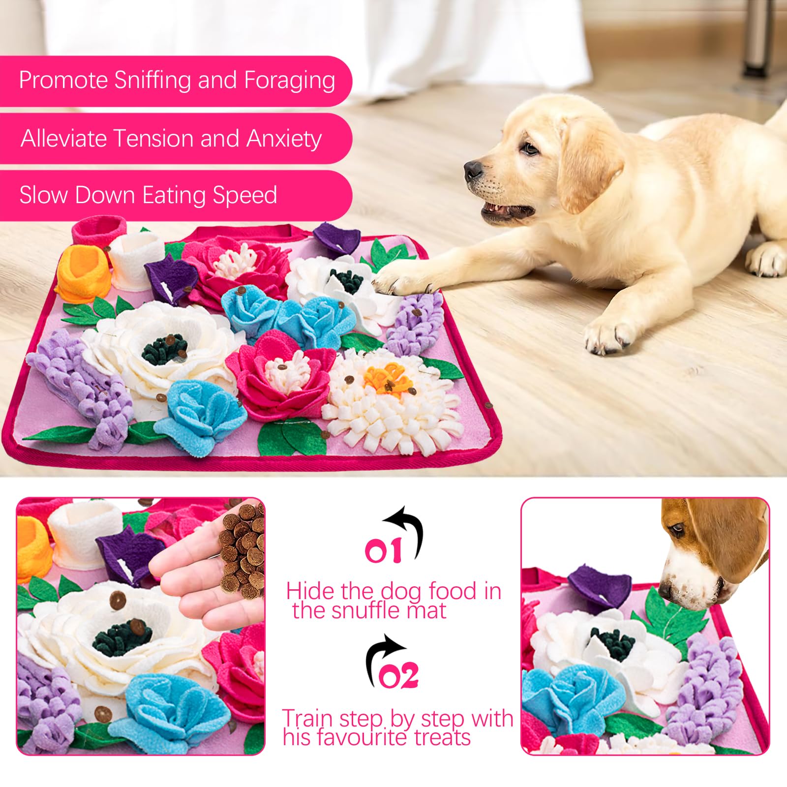 Meilzer Snuffle Mat rose pink flower-pattern close-up foraging challenge and scent enrichment.