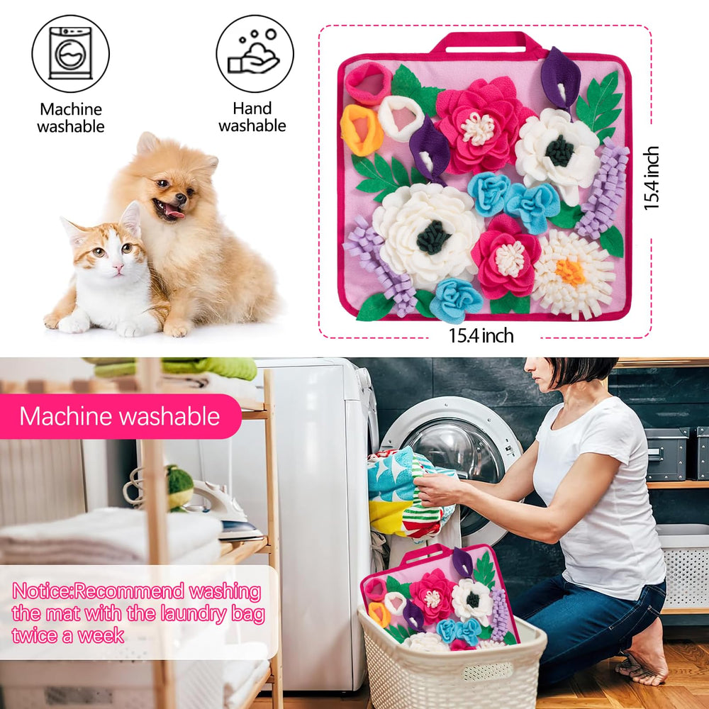 Meilzer Snuffle Mat rose pink in-use dog enjoying a enrichment session.