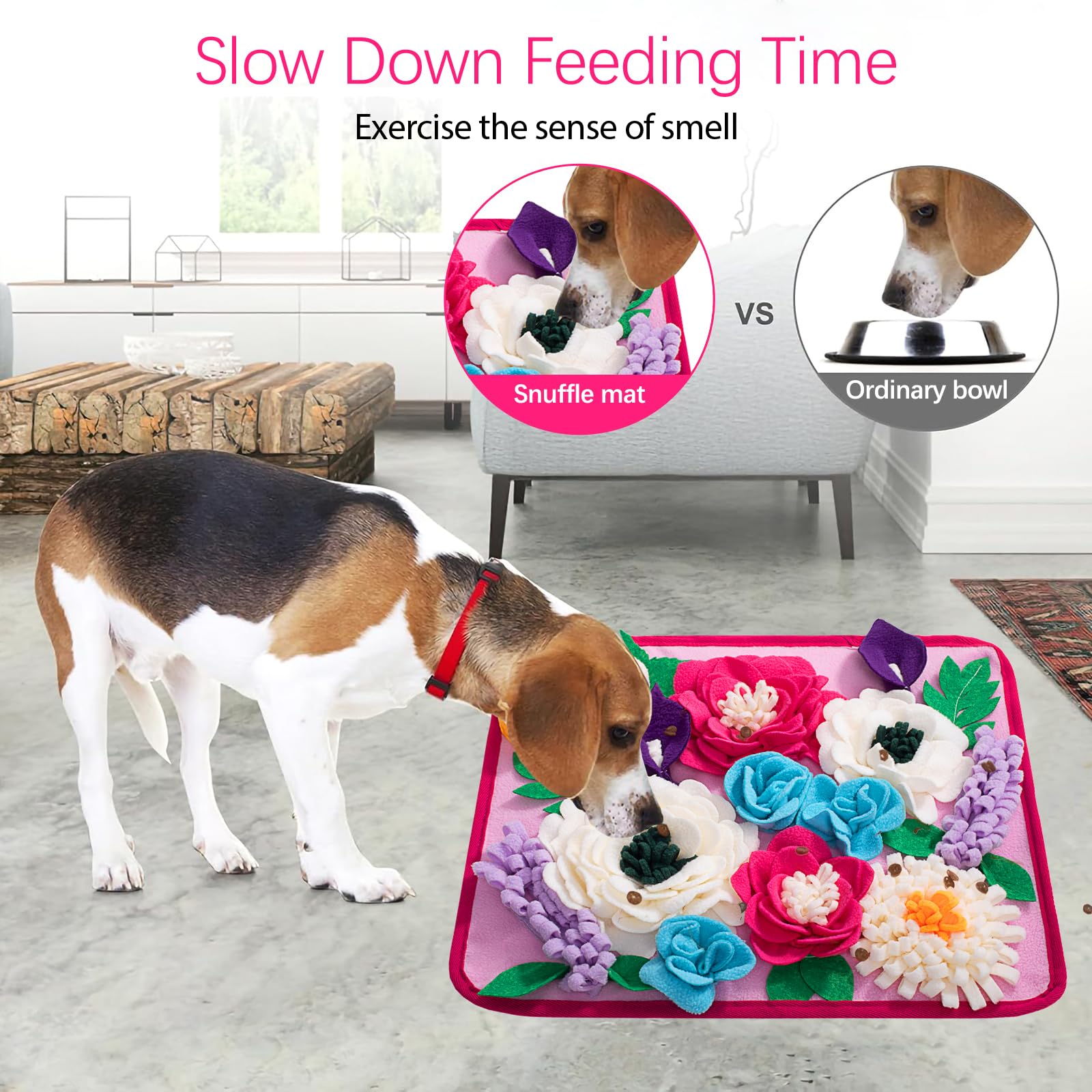 Meilzer Snuffle Mat rose pink non-slip base keeps mats steady during play.