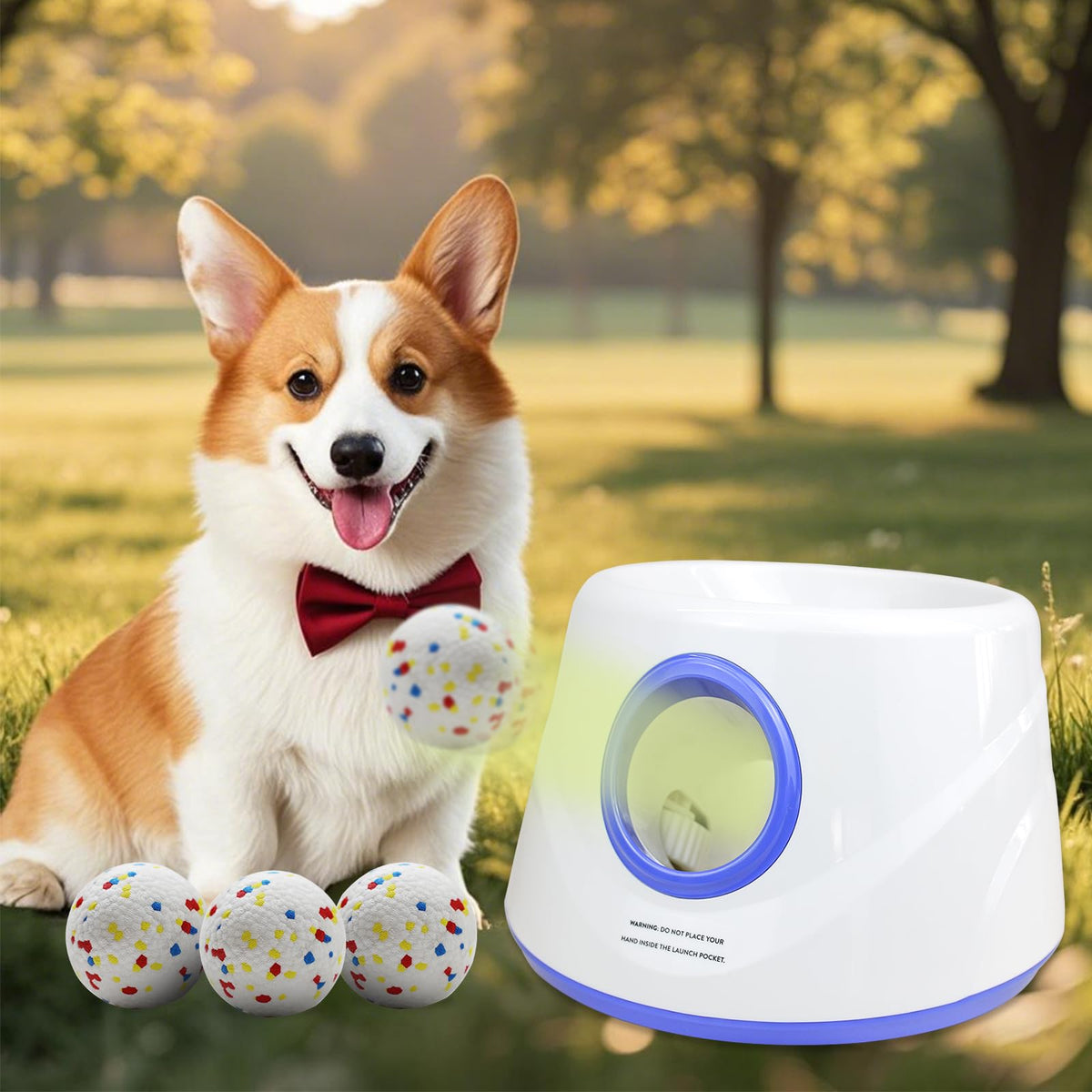 MEKAPLE automatic dog ball launcher blue front view shows easy setup and instant play