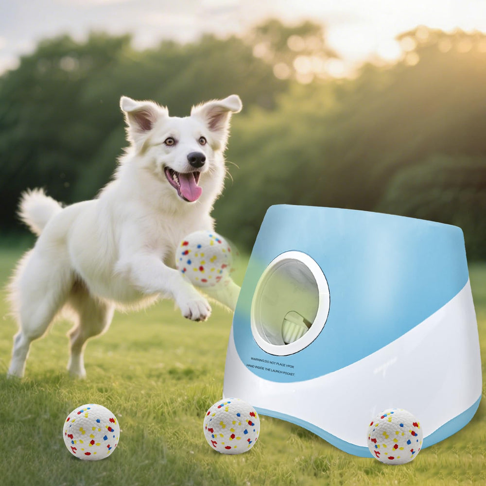 MEKAPLE automatic dog ball launcher blue front view ready for interactive fetch play.