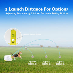 MEKAPLE ball launcher distance settings illustrating 19ft, 32ft, and 45ft ranges.