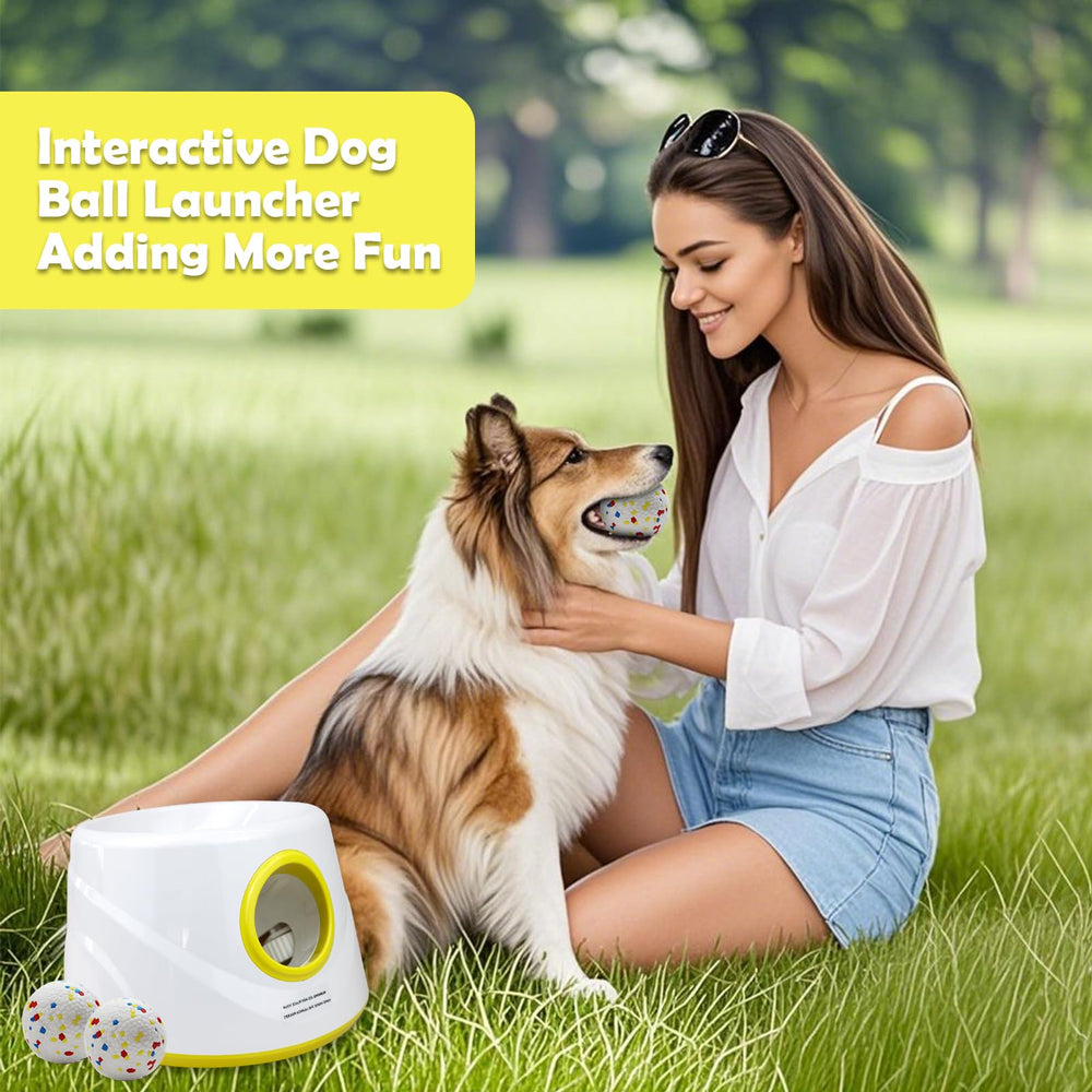 MEKAPLE dog ball launcher used outdoors with an excited dog for active play.