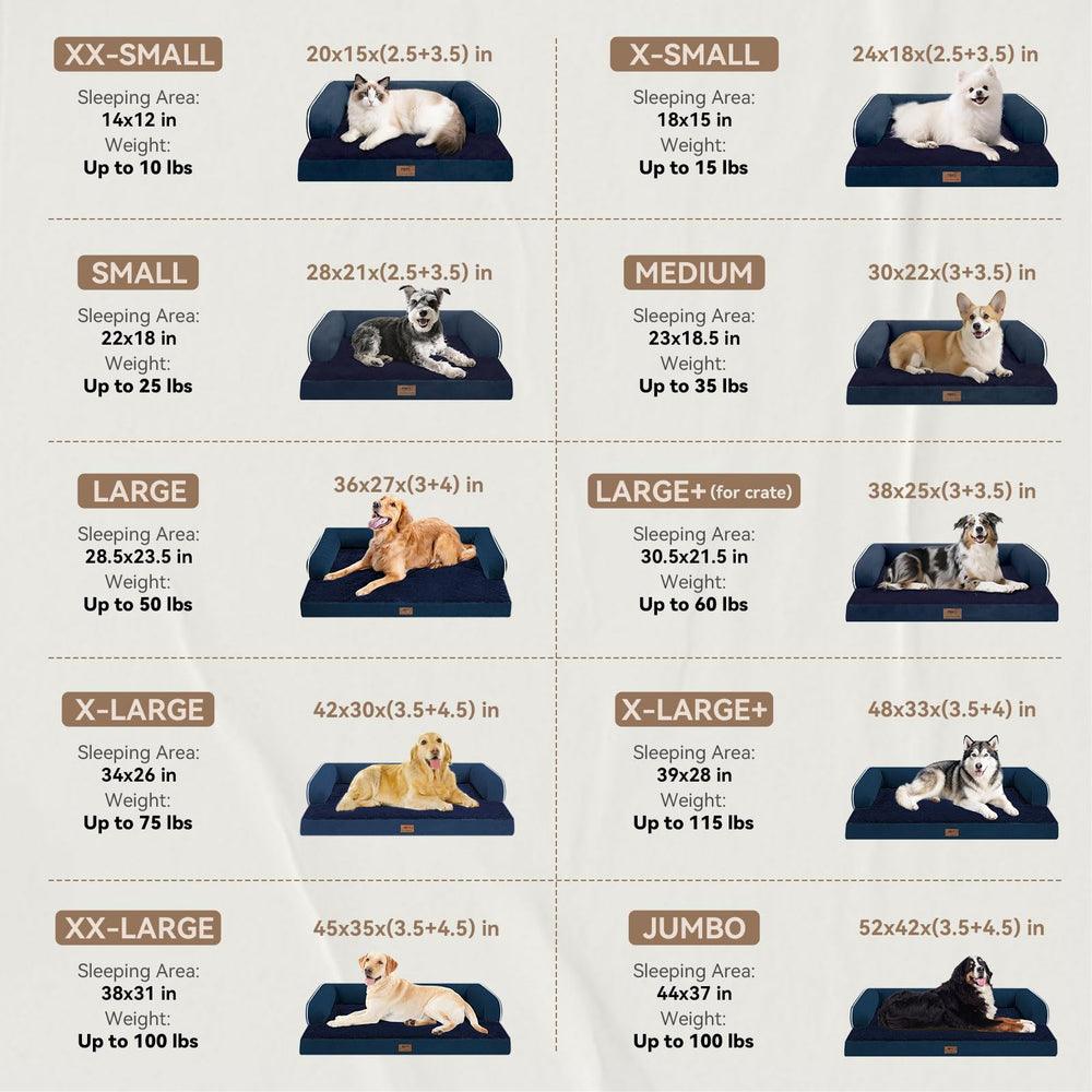 MEKIY navy XXL bed shows 45x35x8 inches for big breeds up to 100 pounds.