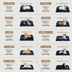 MEKIY navy XXL bed shows 45x35x8 inches for big breeds up to 100 pounds.