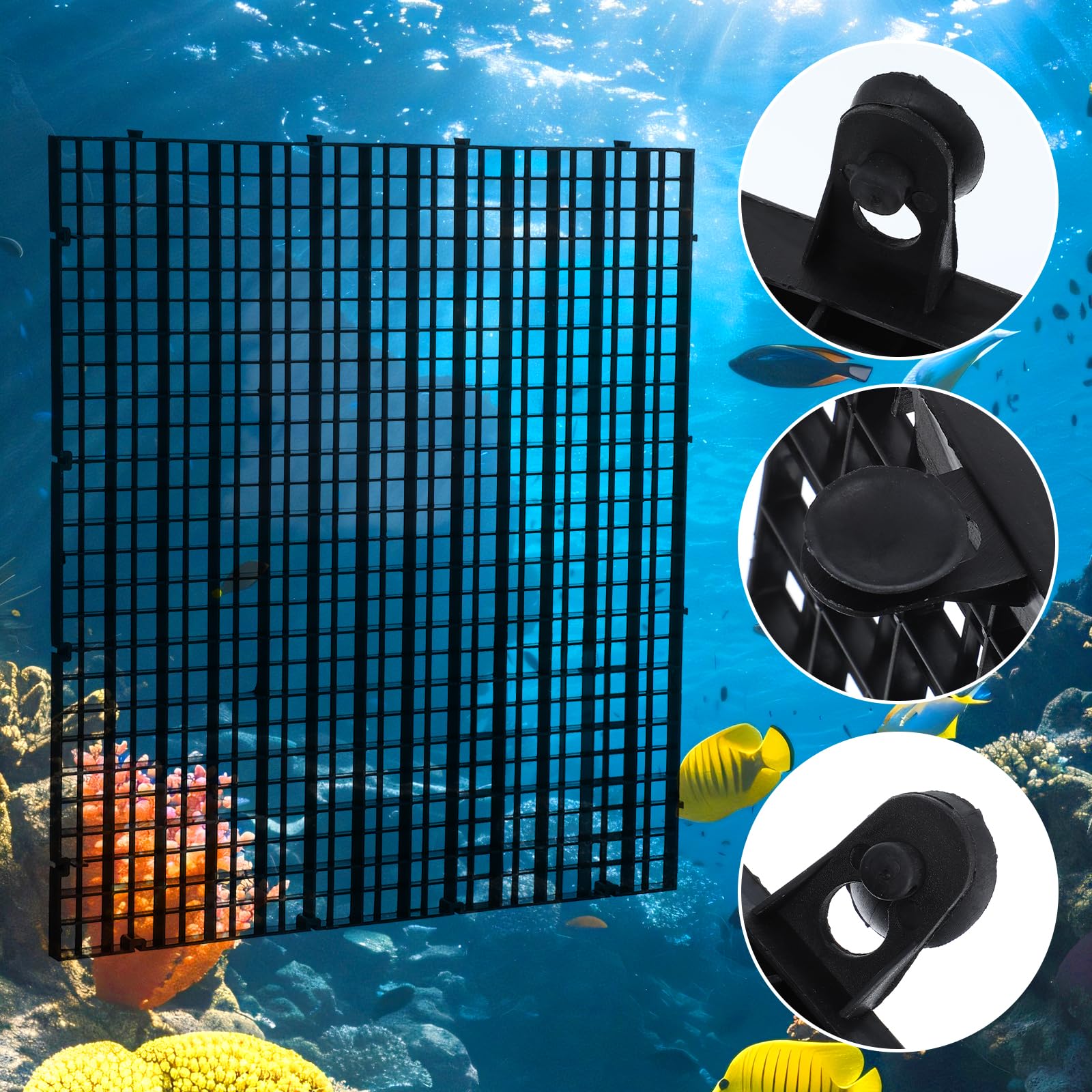 mekueeex plastic-grid-divider-black blends with tank decor while keeping fish apart.