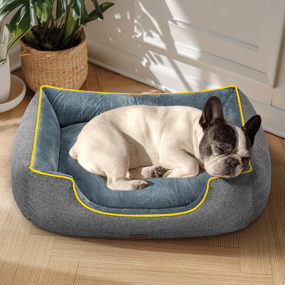 MellowMates orthopedic bed front view in grey provides calm, supportive posture for senior dogs.
