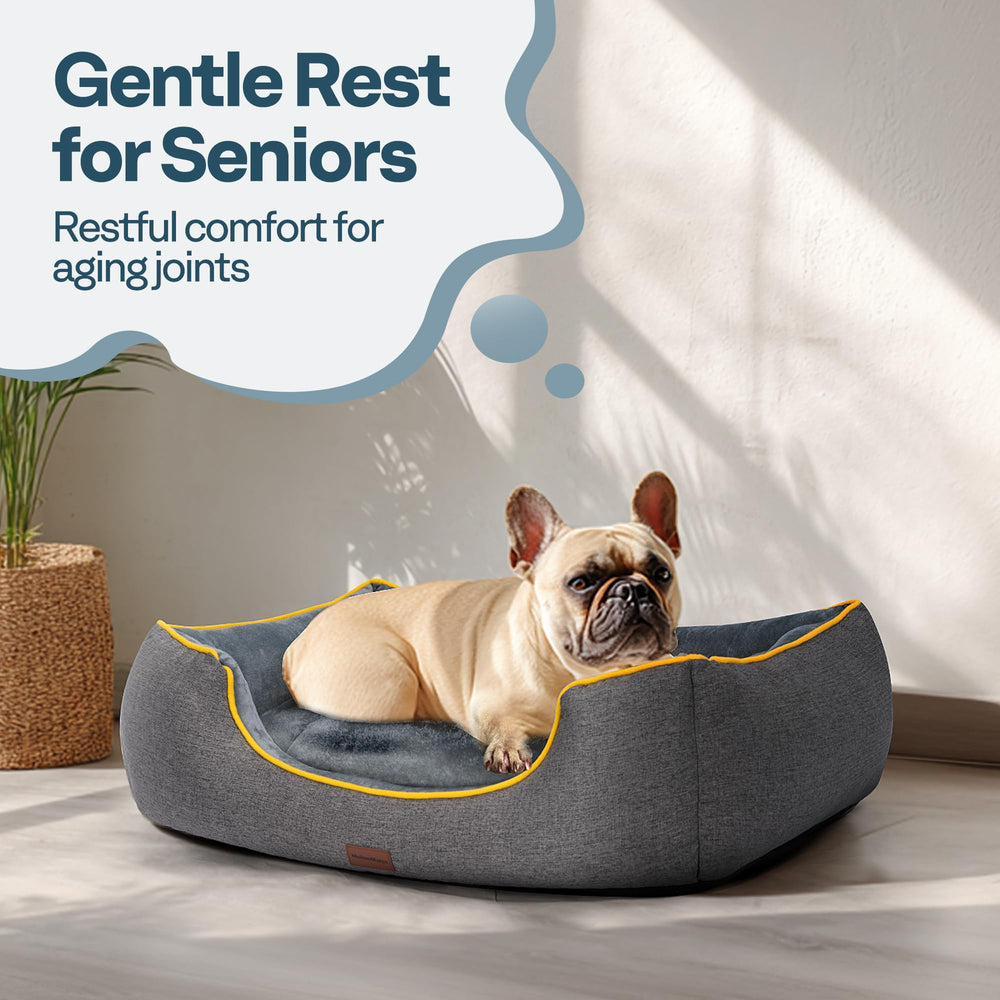 MellowMates orthopedic bed side-entry in grey demonstrates easy access for dogs with stiff joints.