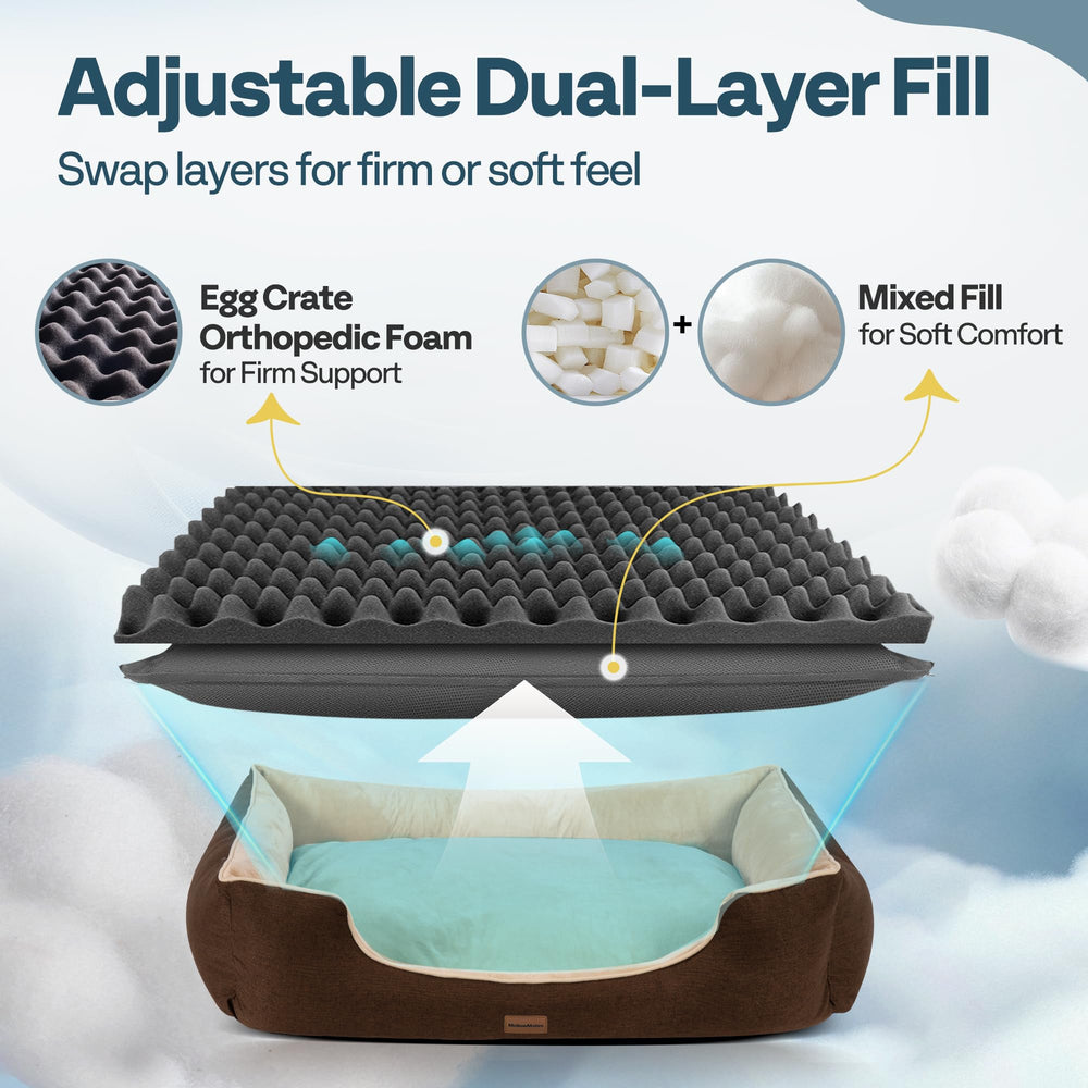 MellowMates orthopedic dog bed removable cover closeup in brown; easy cleaning.