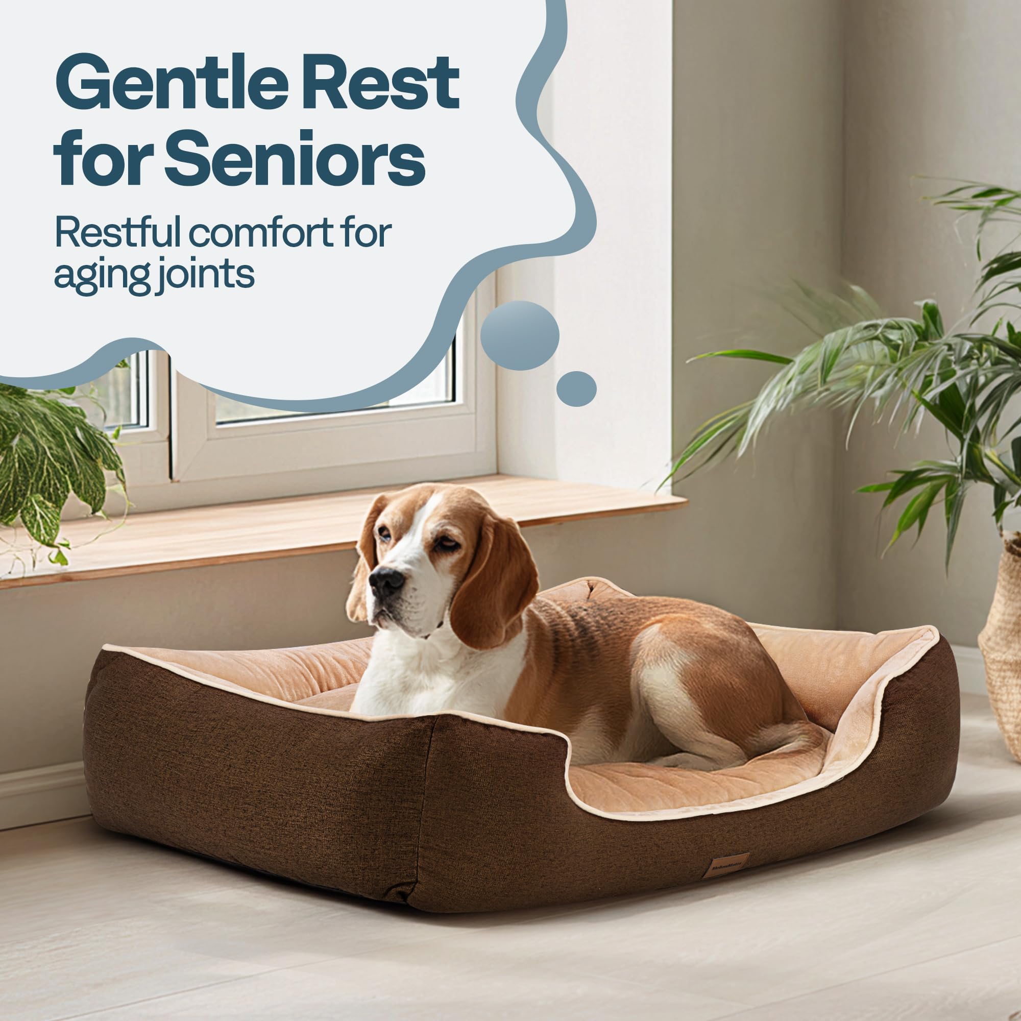 MellowMates orthopedic dog bed side bolsters in brown; soft neck support.