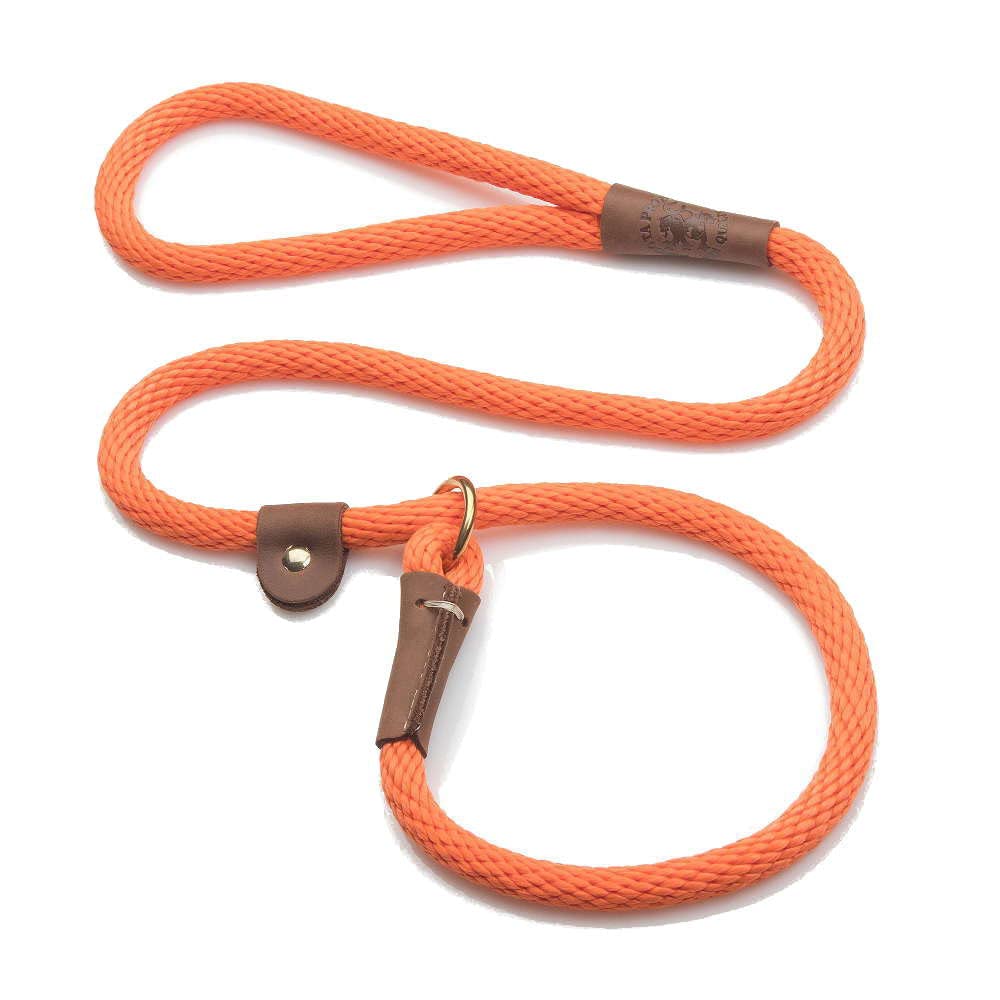 Mendota Pet Slip Leash orange half-inch 4ft held for comfortable training.