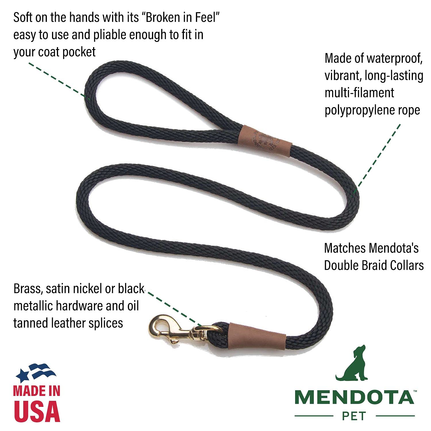 Mendota Snap Leash soft feel handle for comfortable extended use