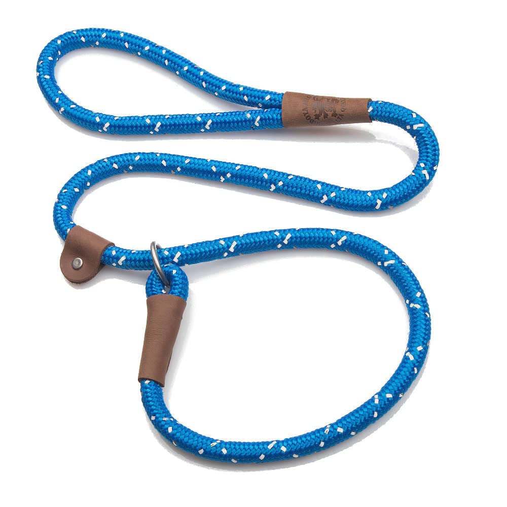 Mendota Slip Leash Night Viz blue closeup rope shows durable reflective material for safer night walks.