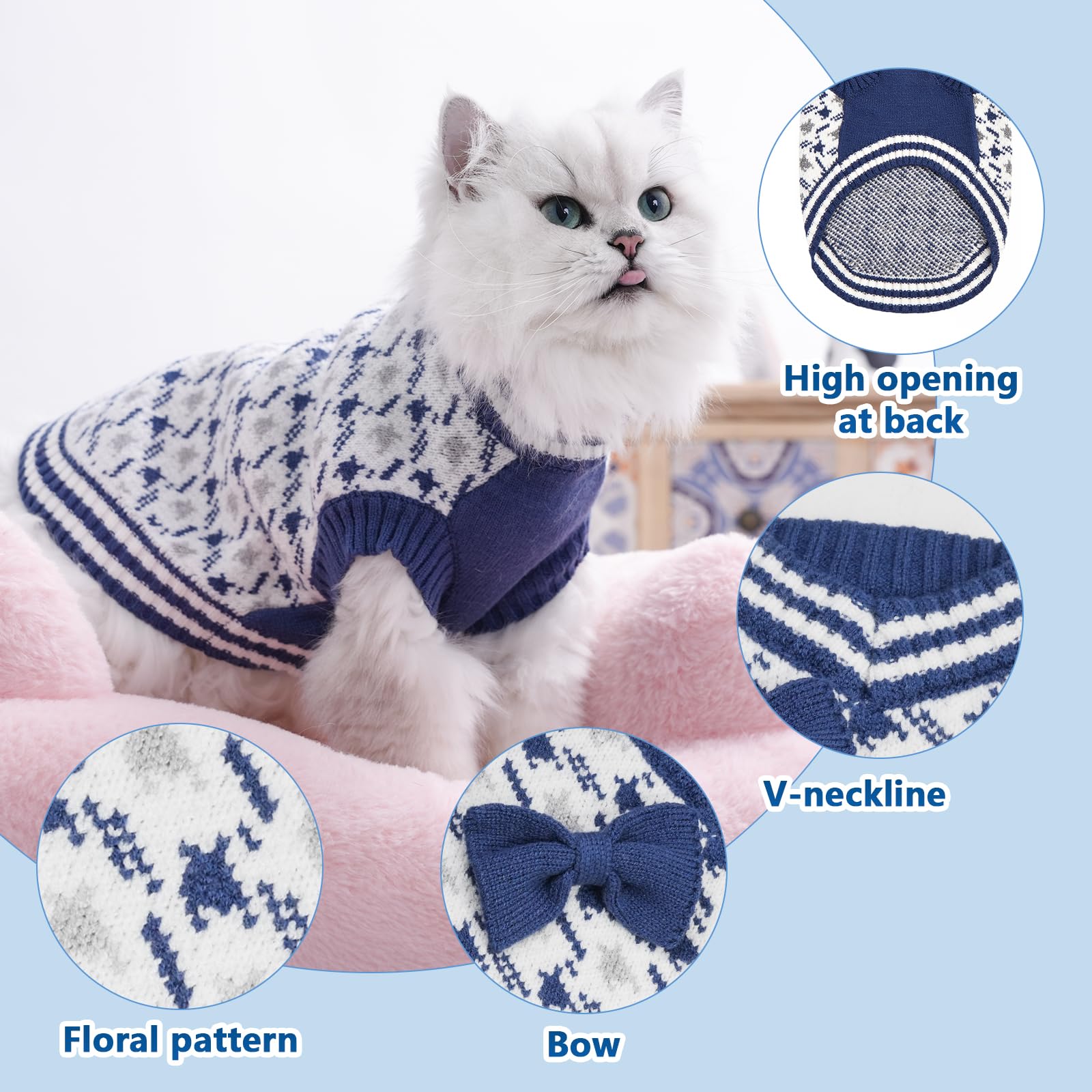 MengMengDa dog sweater blue neck detail shows easy-on V-neck design