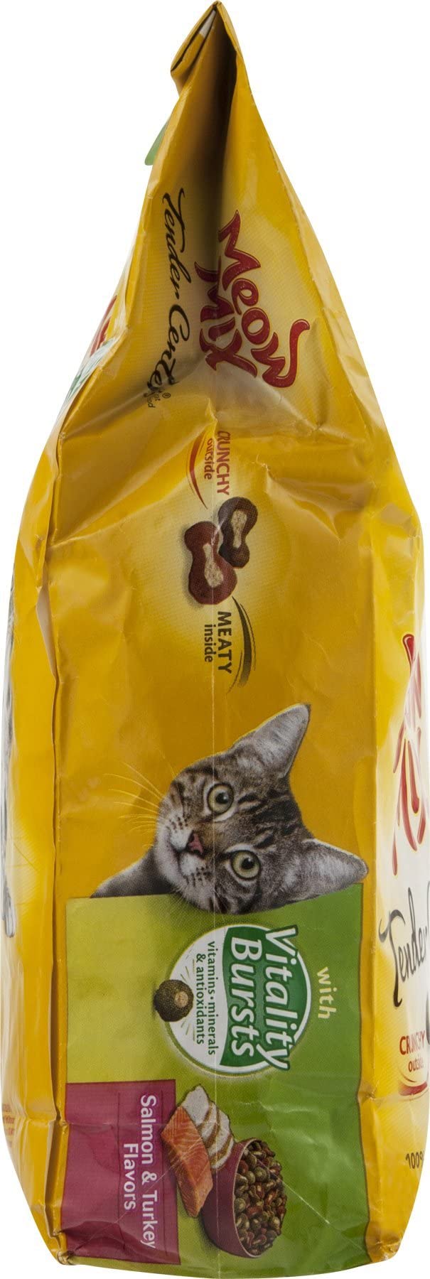 Meow Mix kibble texture detail closeup emphasizes crunchy bite and rewards