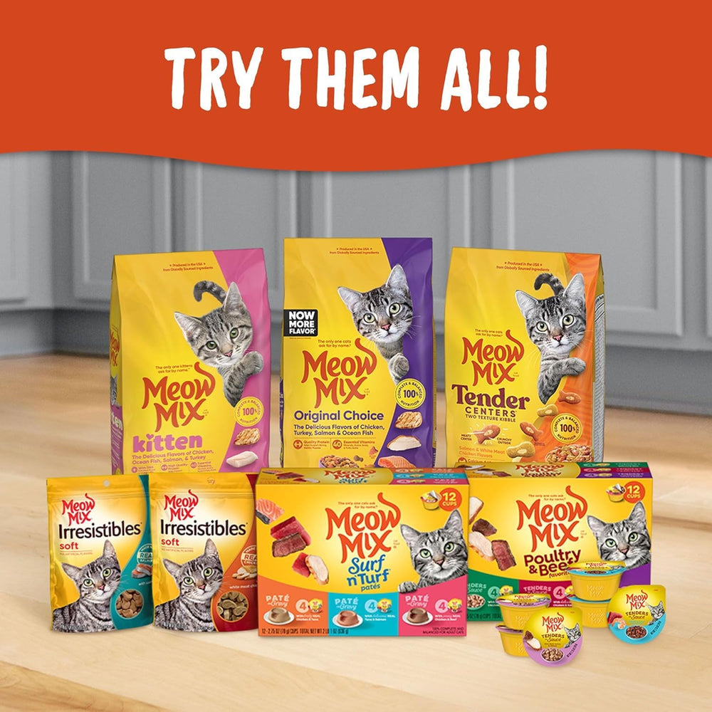 Meow Mix Seafood Medley textured kibble highlighting palatability and balance