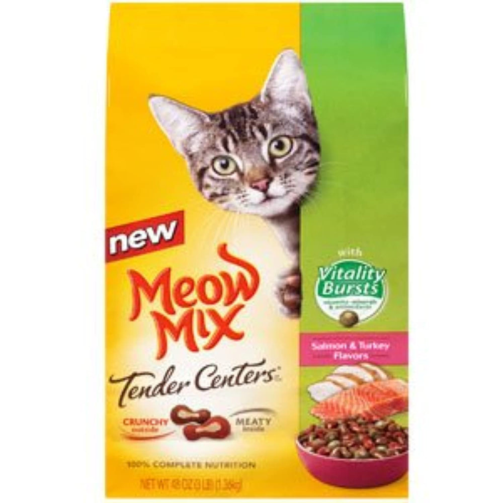 Meow Mix Tender Center with Vitality Burst bag front showing easy storage for busy households