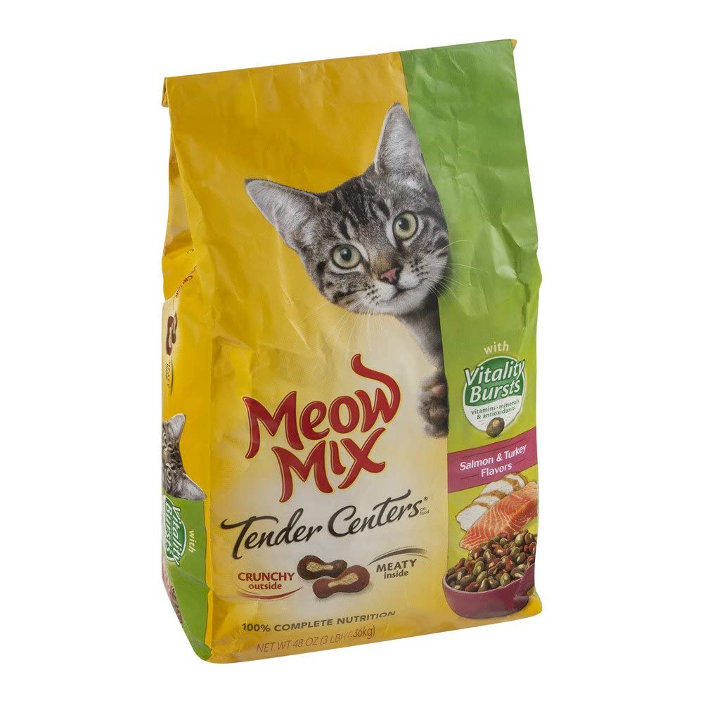Meow Mix Tender Center Vitality Burst kibble close-up highlights soft center texture for cats