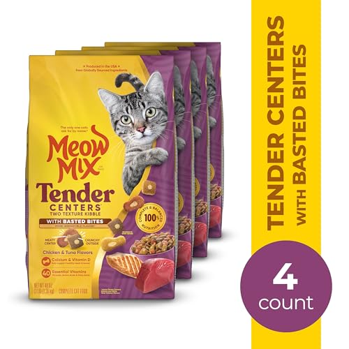Meow Mix Tender Centers closeup highlights two-texture kibble and meaty center appeal.