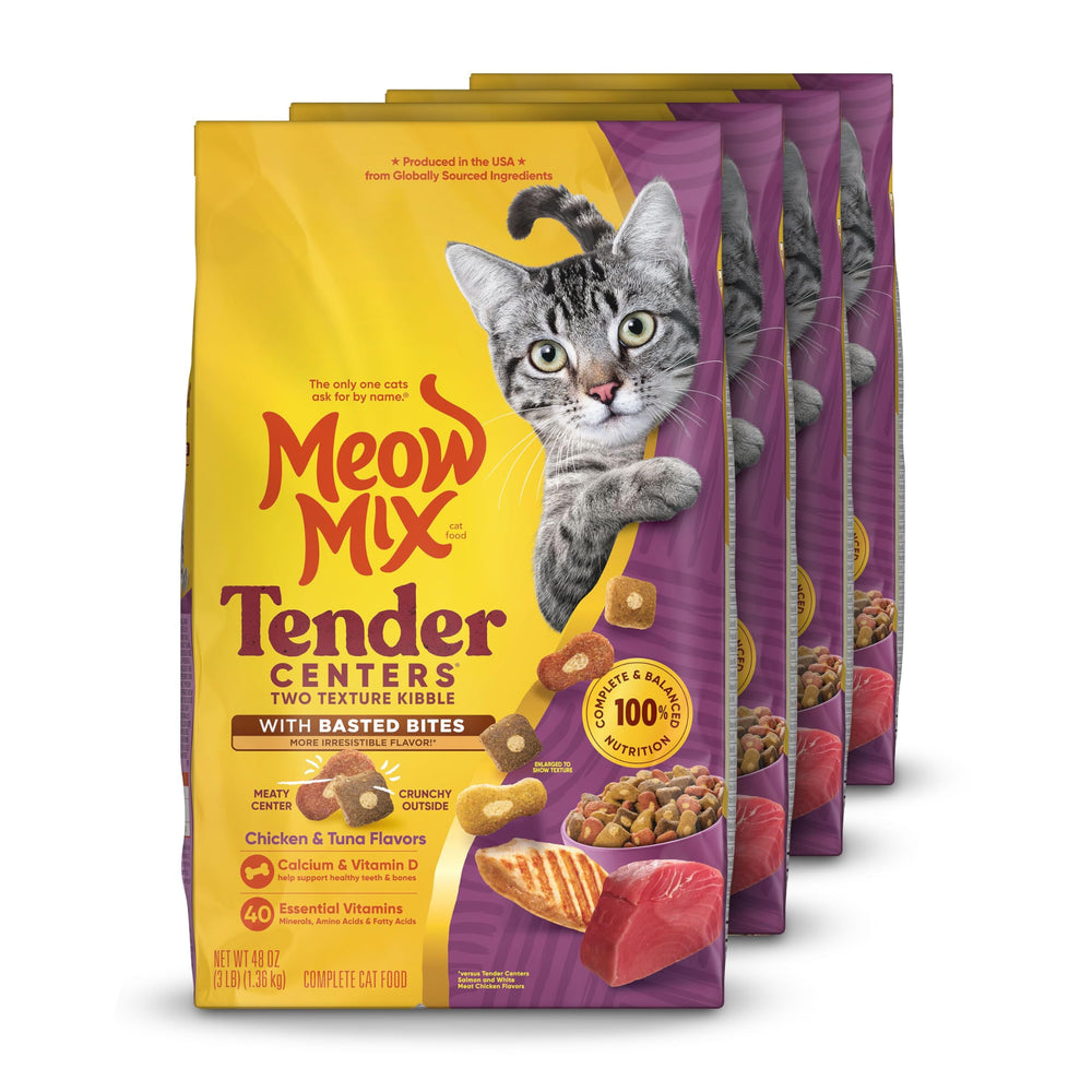 Meow Mix Tender Centers Basted Bites packaging shows four-pack convenience for busy households.