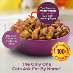 Meow Mix Tender Centers kibble cross-section reveals savory center.