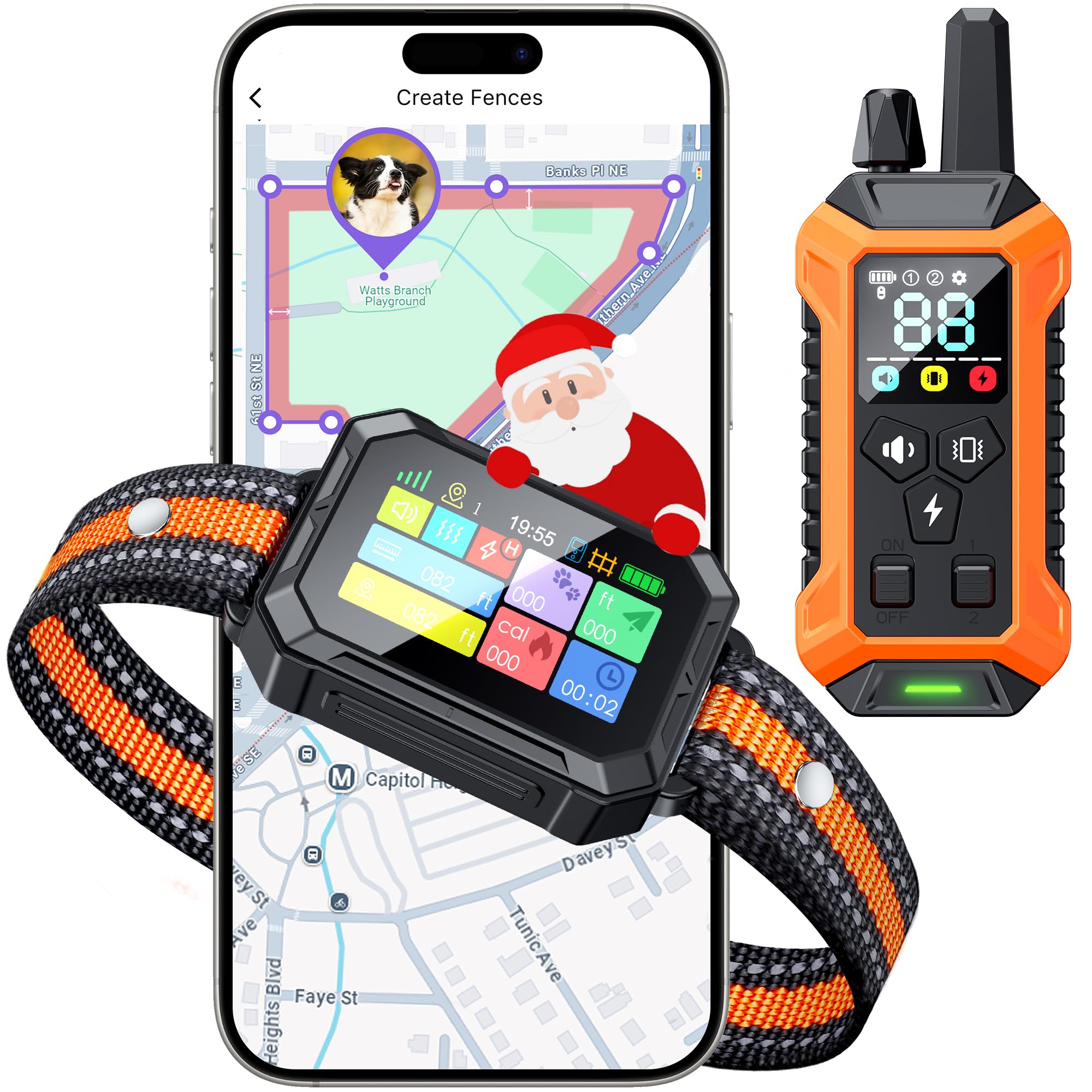 Meowant GPS fence collar front view shows boundary-ready design for outdoor safety