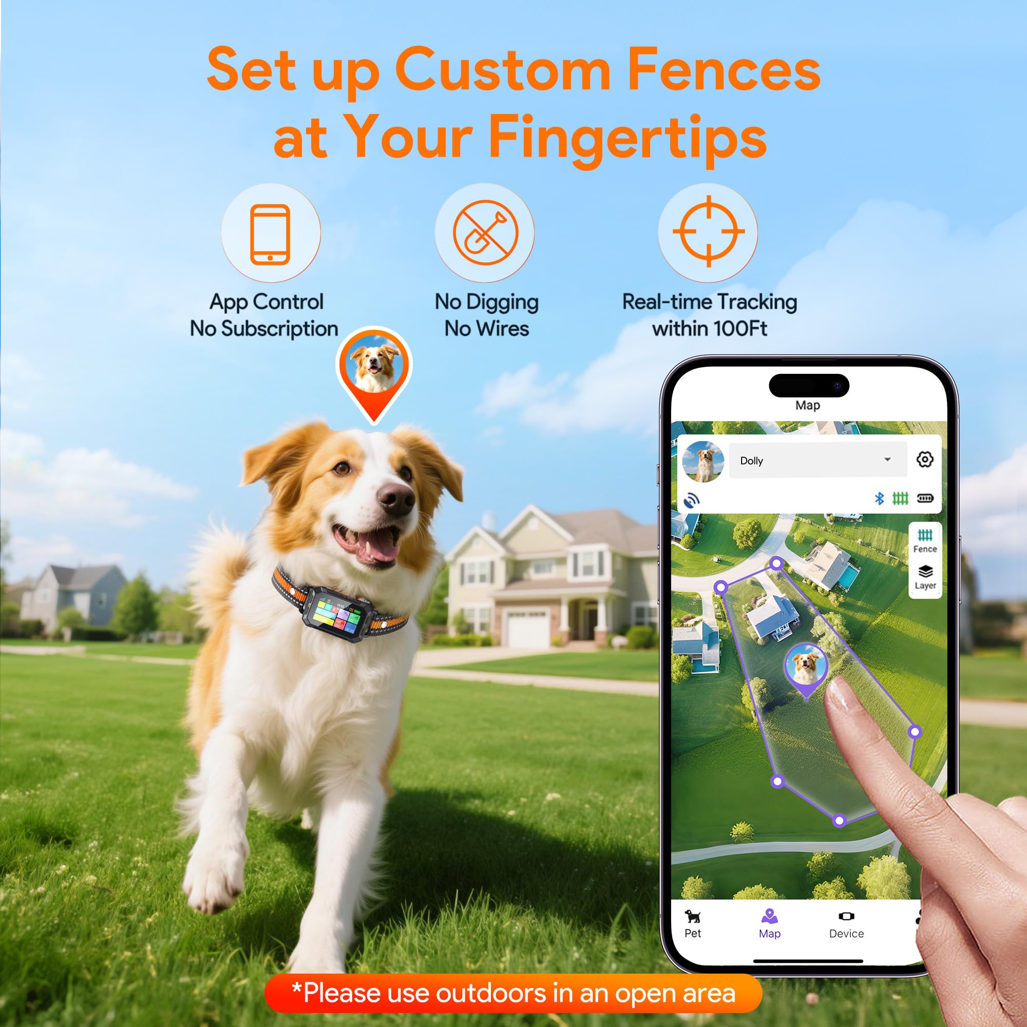 Meowant GPS fence collar side view highlights slim fit for dogs 10 to 120 pounds