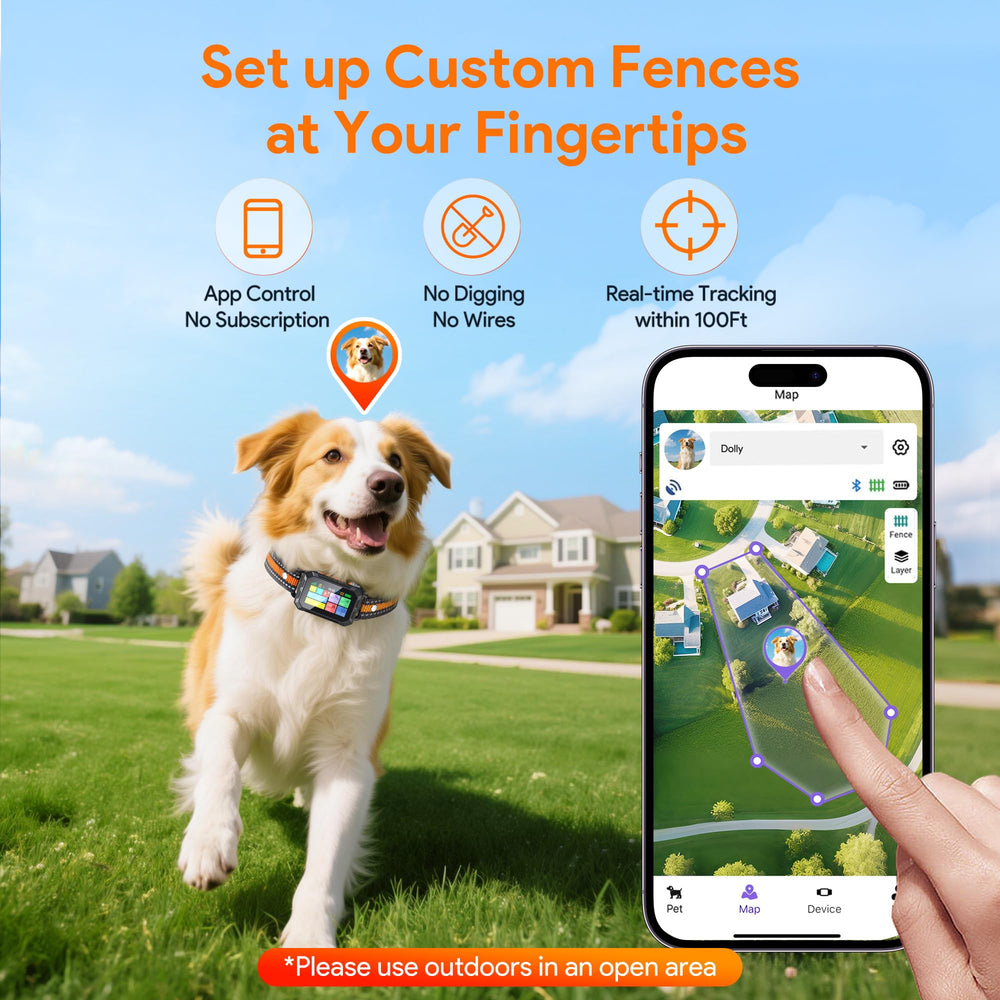 Meowant GPS fence collar side view highlights slim fit for dogs 10 to 120 pounds
