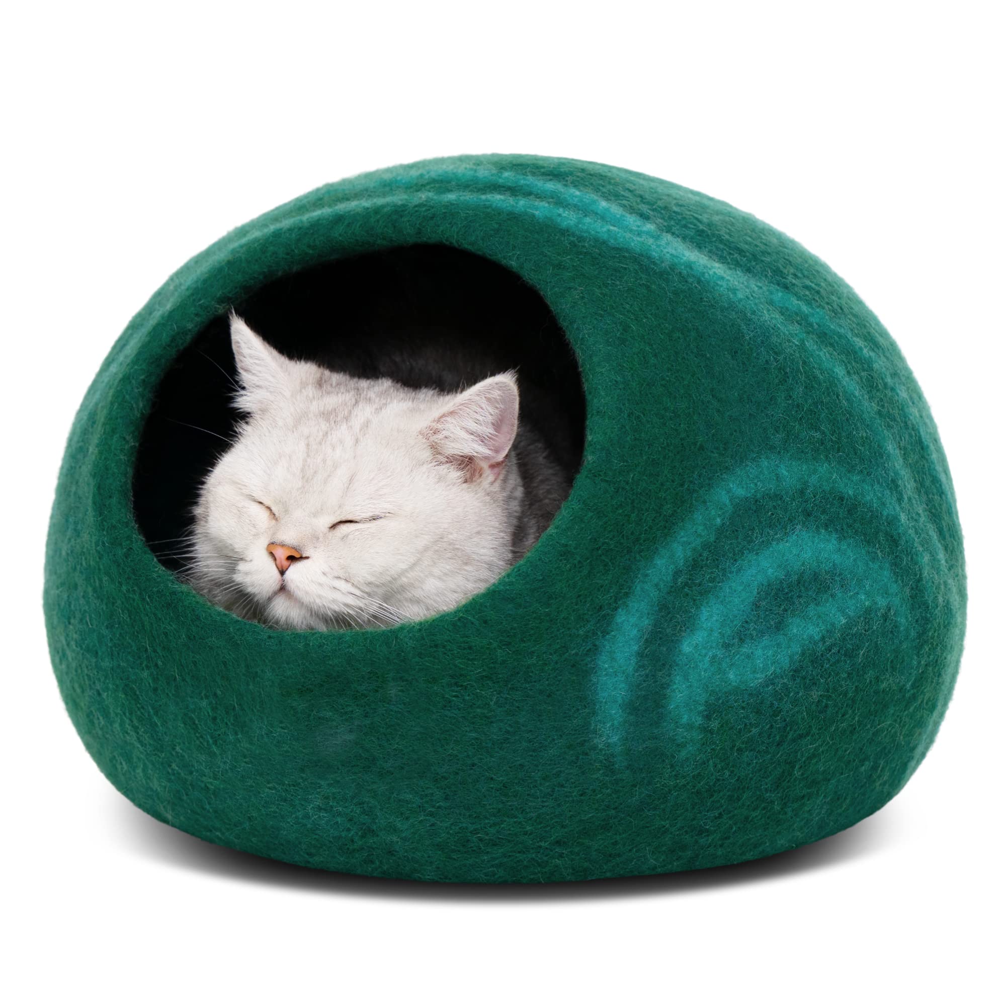 MEOWFIA Cat Cave Emerald exterior view highlighting premium merino wool and eco-friendly design