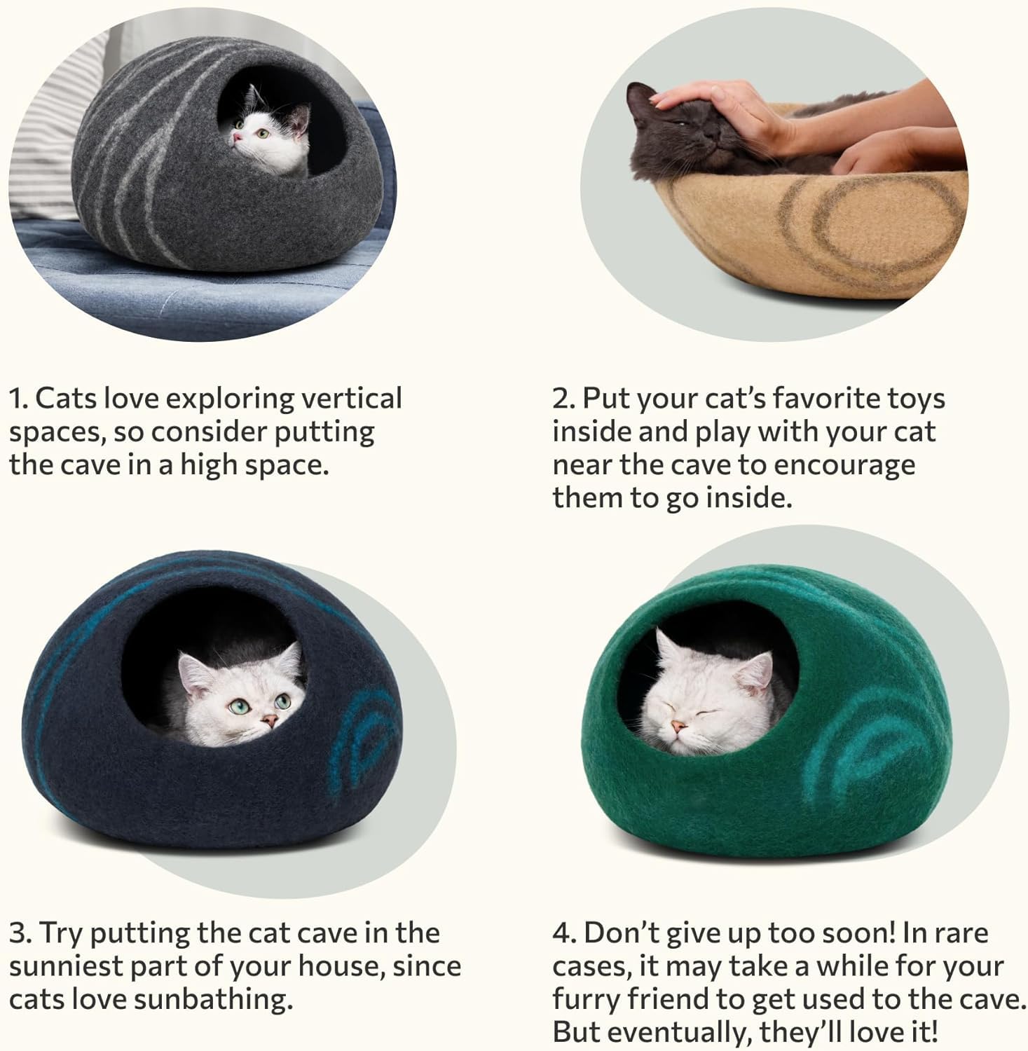 MEOWFIA Cat Cave size guide M/L shows fit for small to mid-sized indoor cats.