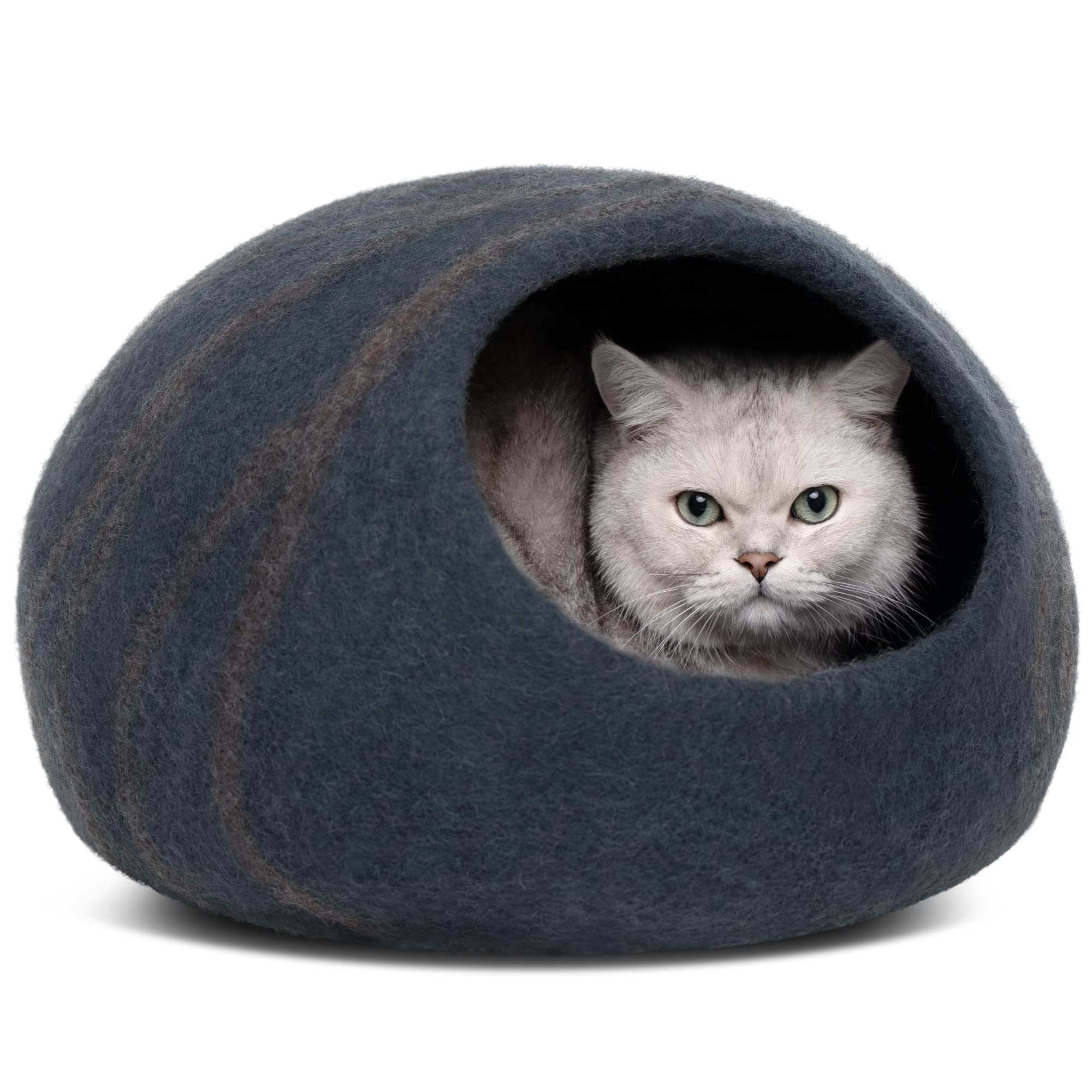 MEOWFIA Premium felt cat bed cave front view shows cozy merino wool warmth