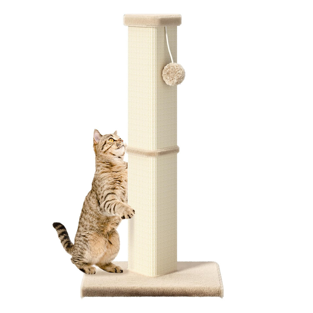MeowHomm tall scratching tower shown beside stairs for easy setup.