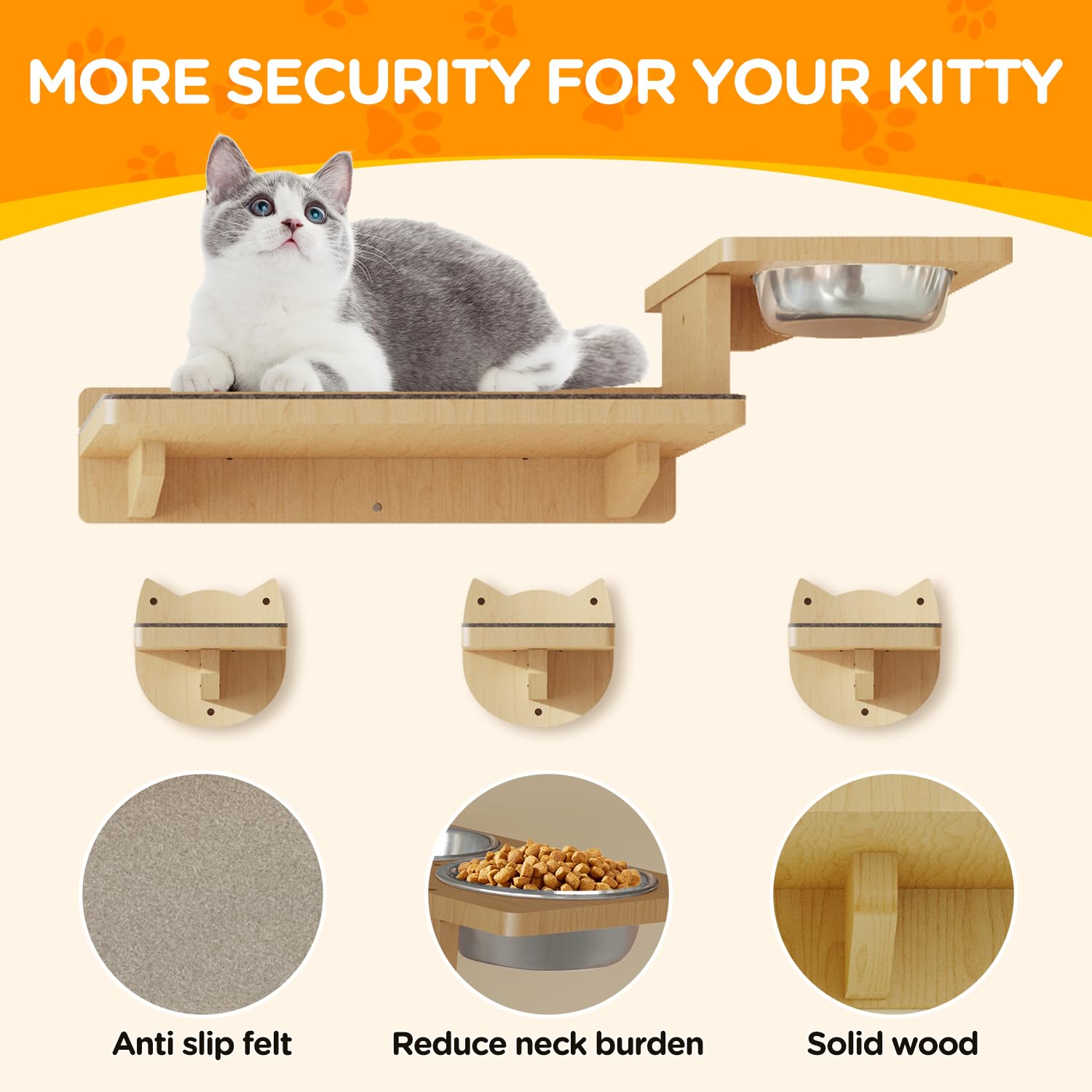 MeowHomm wall shelf with food bowls for easy meals.