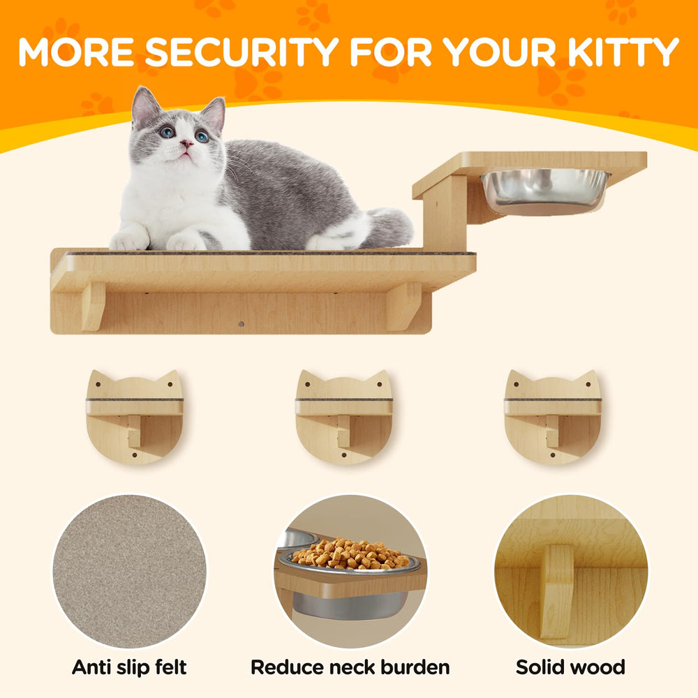 MeowHomm wall shelf with food bowls for easy meals.