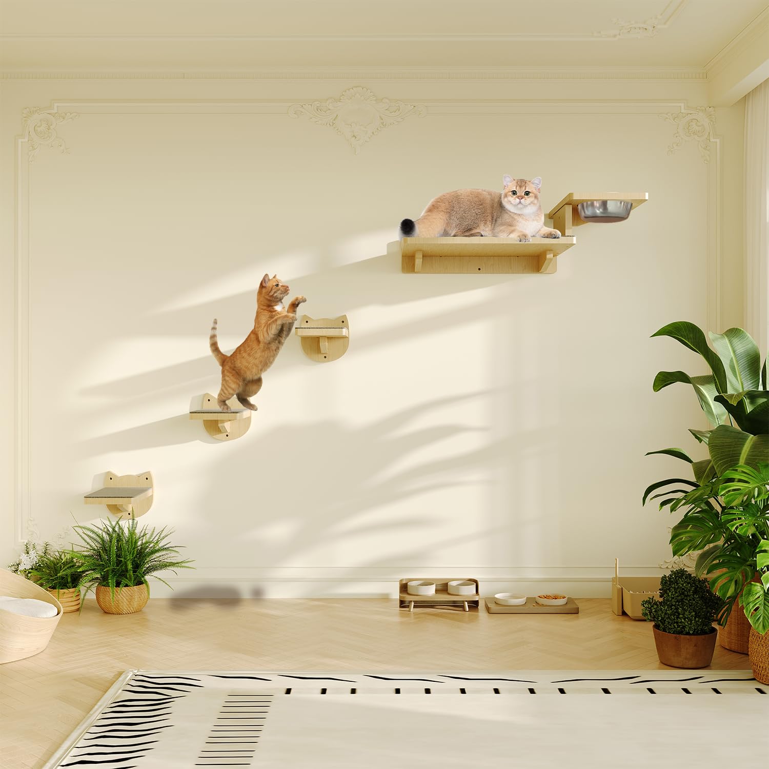 MeowHomm shelf with two bowls on the platform for convenient dining.